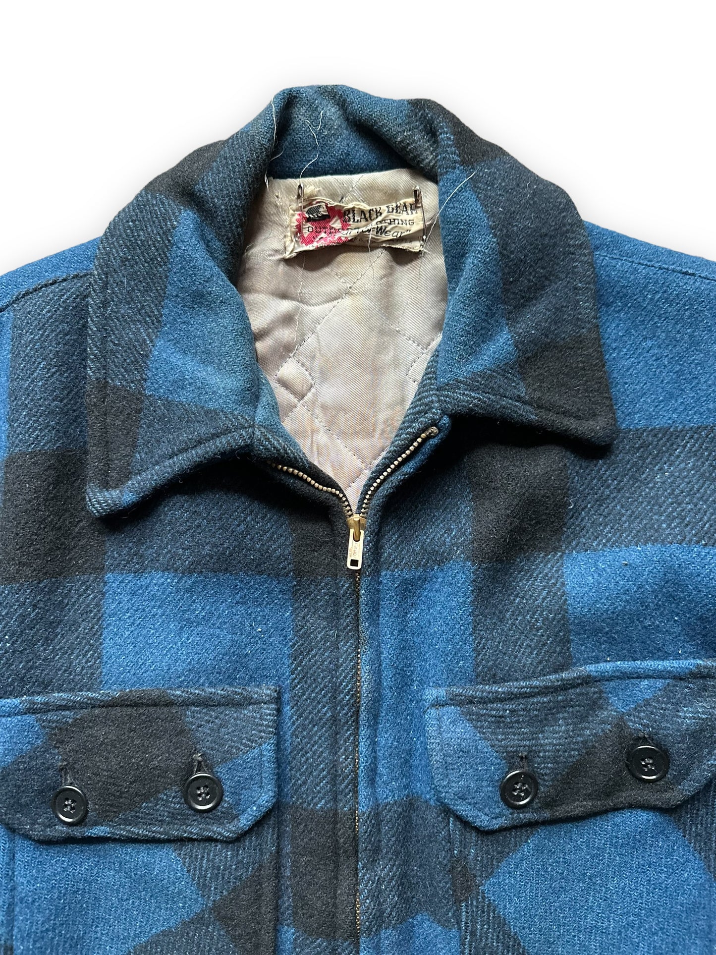 Tag View on Vintage Black Bear Cobalt Blue and Black Wool Coat SZ L  |  Vintage Workwear Seattle | Barn Owl Vintage Seattle