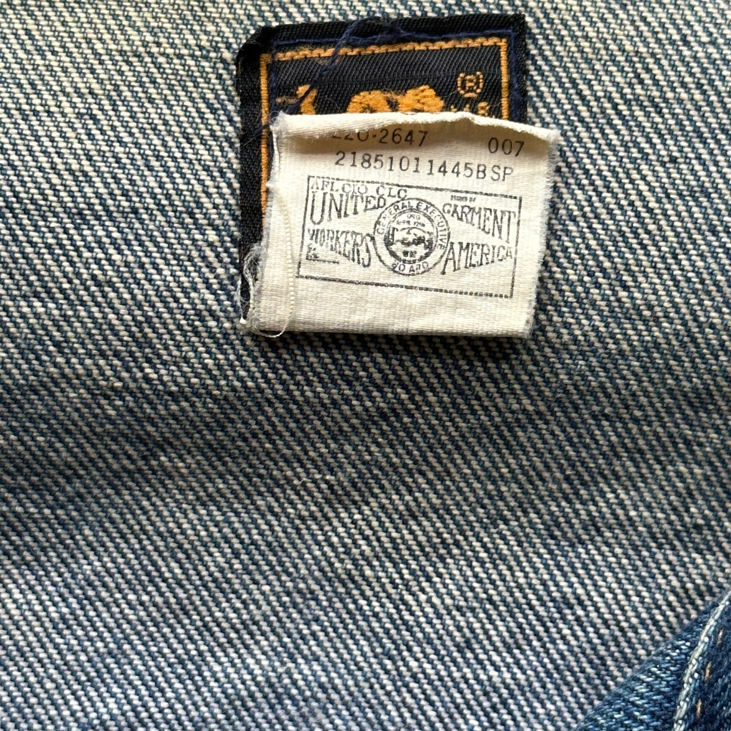 Union Tag on Vintage Dark Lee Rider 101-J SZ 50 | Vintage Denim Workwear Seattle | Seattle Vintage Denim Jackets
