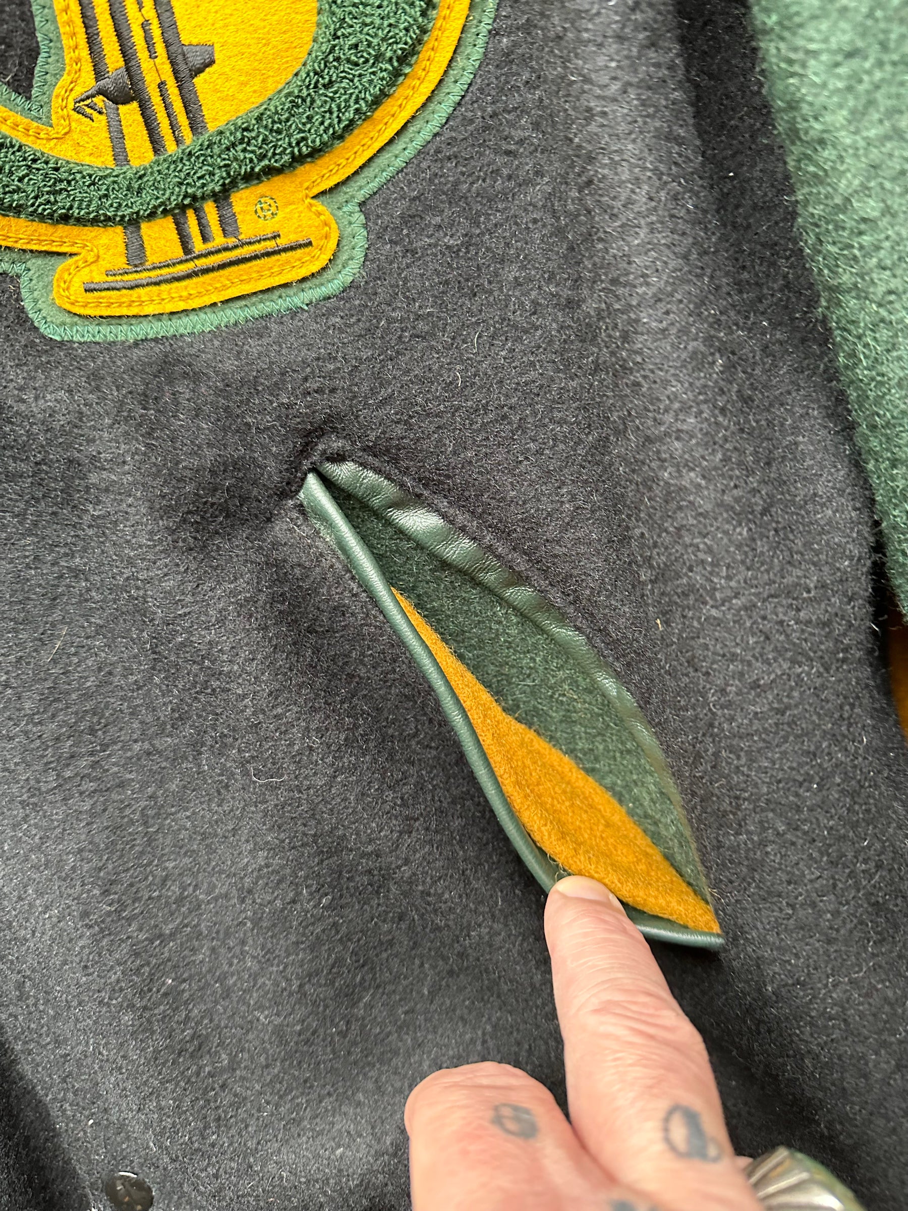 Leather Accents on Pocket of Seattle Supersonics Green Black and Yellow Prototype Jacket SZ L | Vintage Seattle Supersonics  | Seattle Vintage Basketball