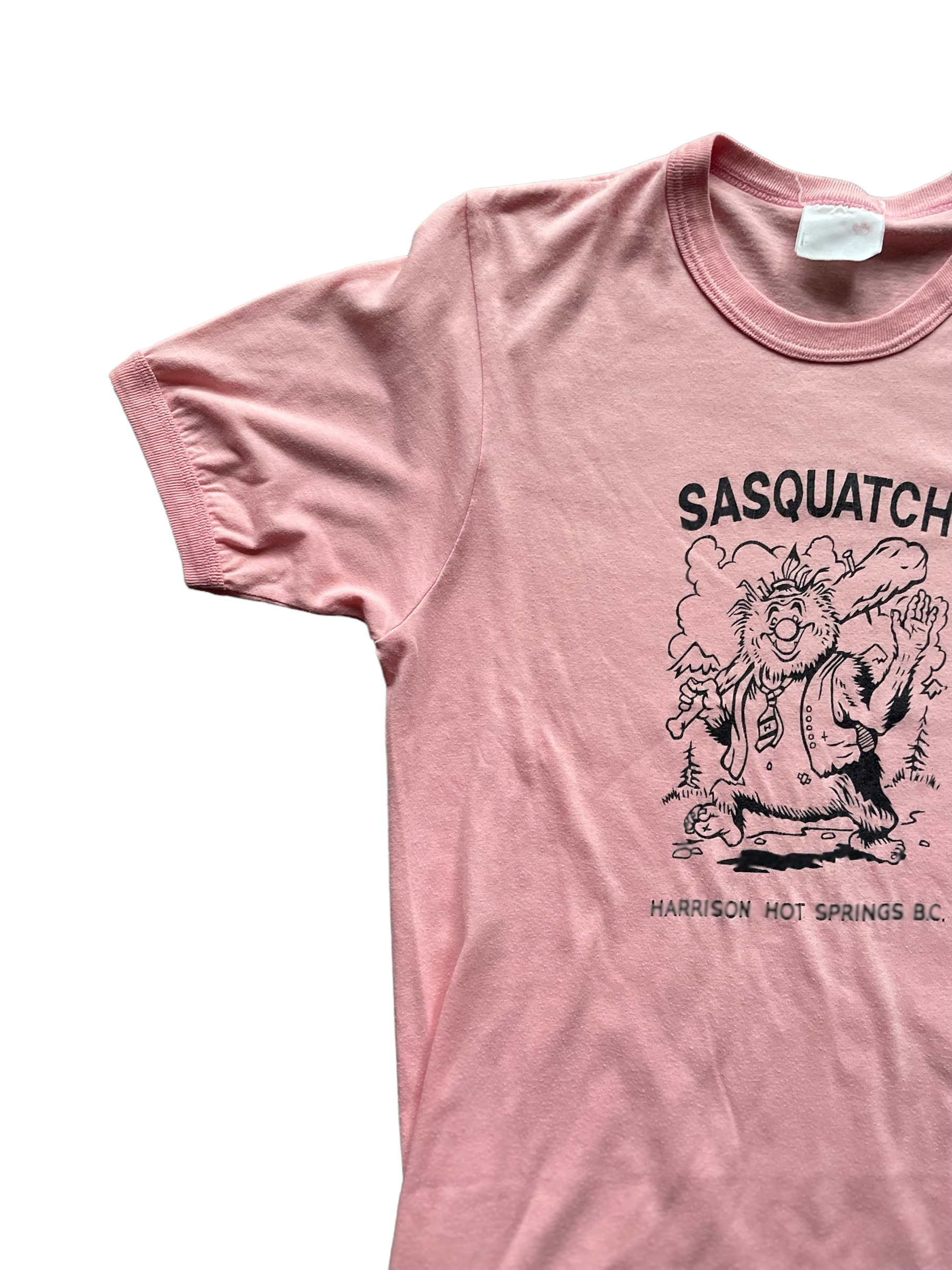 Right Front View of Vintage Sasquatch Harrison Hot Springs Pink Tee SZ M |  Vintage TShirt Seattle | Barn Owl Vintage Seattle