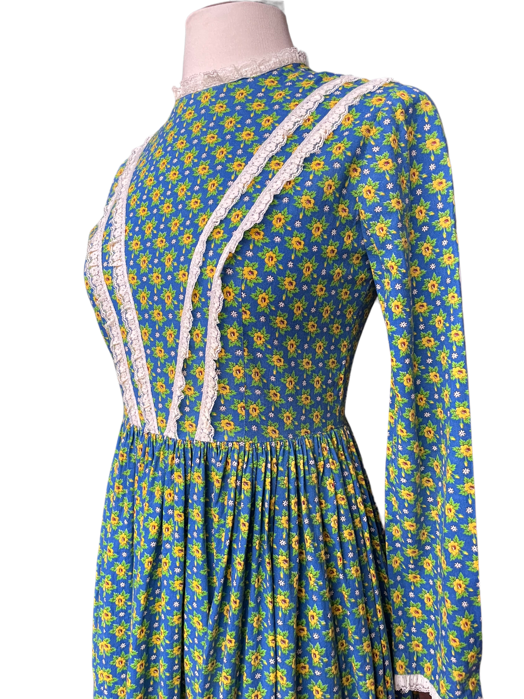 Left front chest view of Vintage 1970s Prairie Core Maxi Dress SZ S | Barn Owl Seattle | Vintage Ladies Dresses