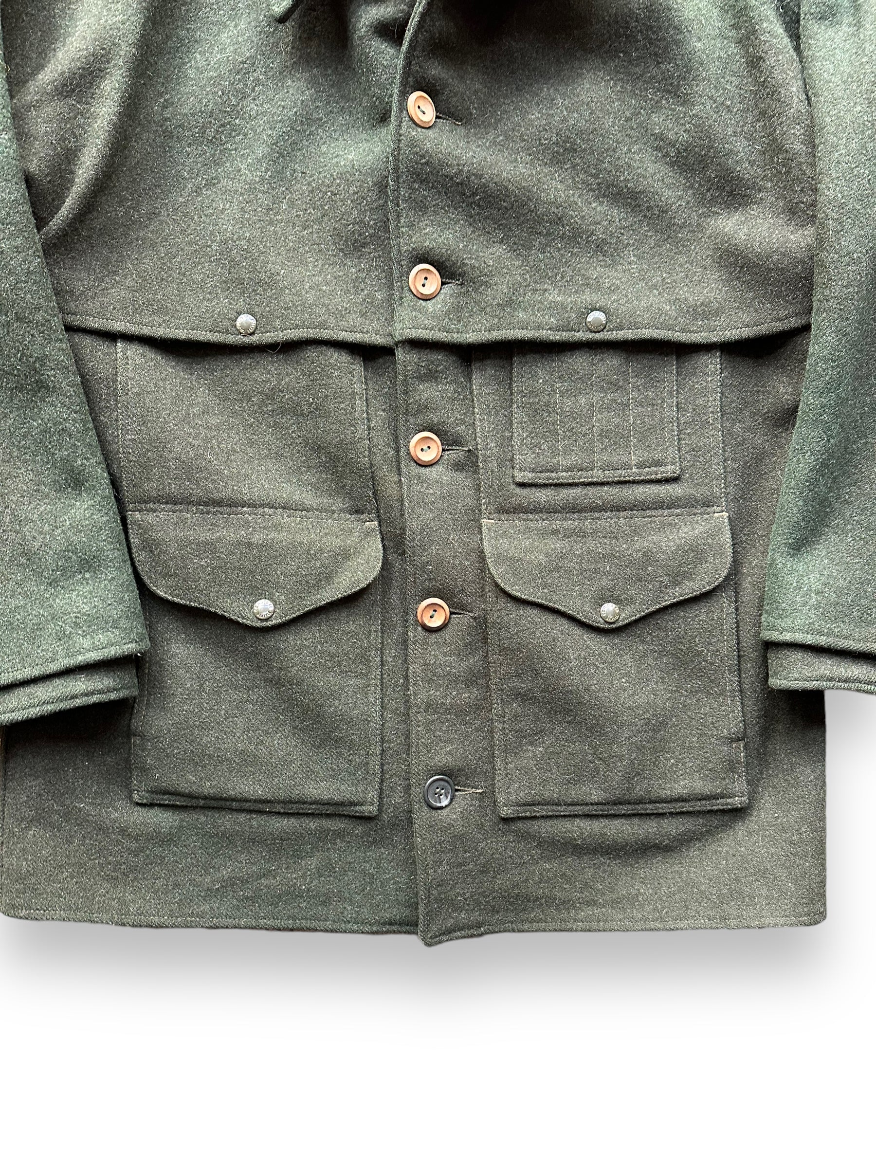 Lower Front Chest View on Vintage Filson Forest Green Double Mackinaw Cruiser SZ 46 XL |  Barn Owl Vintage Goods | Vintage Workwear Seattle