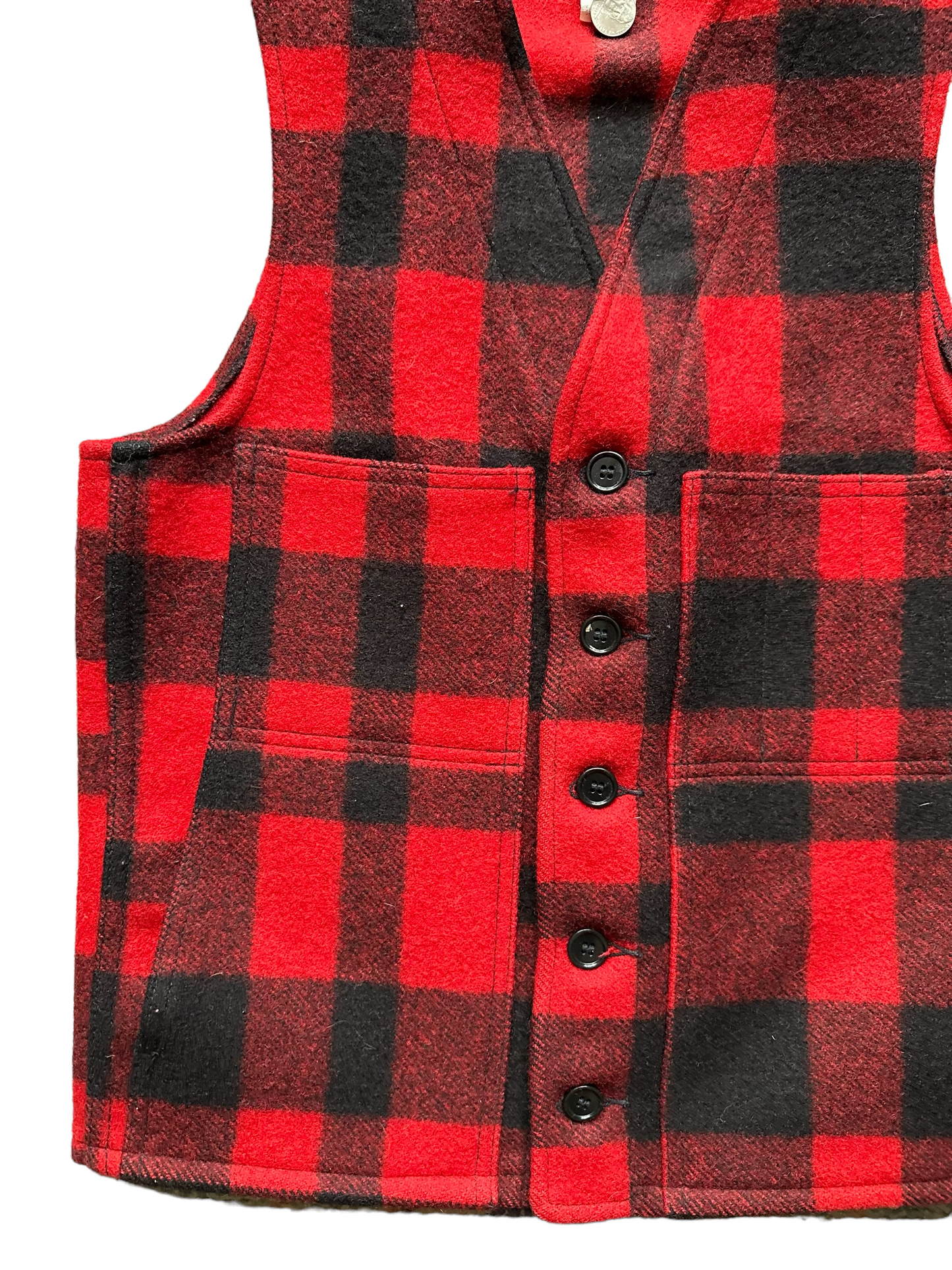 Lower Right Front Pocket View of Vintage Filson Mackinaw Vest SZ 36 |  Red & Black Mackinaw Wool | Seattle Workwear