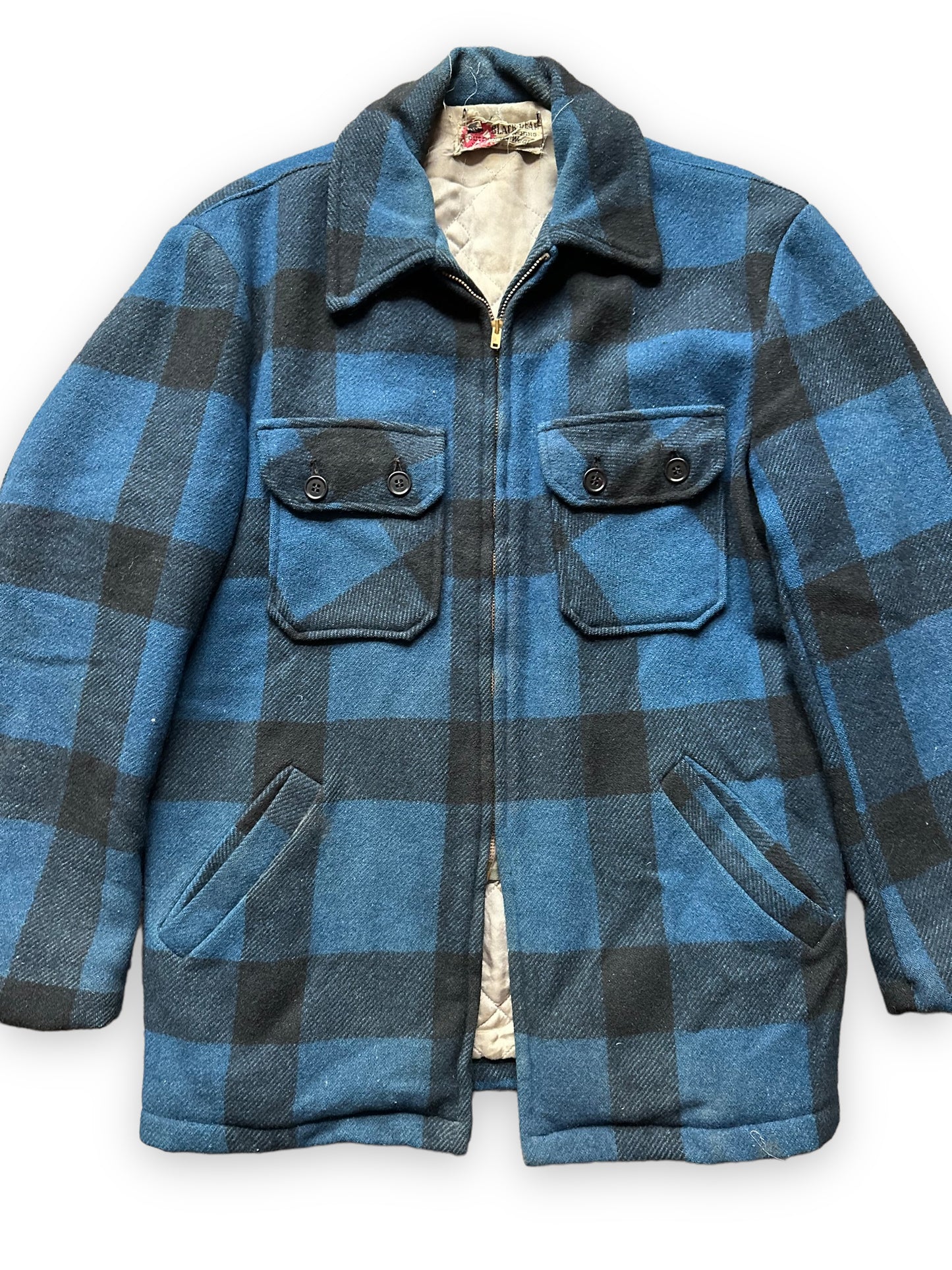 Front Close Up View on Vintage Black Bear Cobalt Blue and Black Wool Coat SZ L  |  Vintage Workwear Seattle | Barn Owl Vintage Seattle