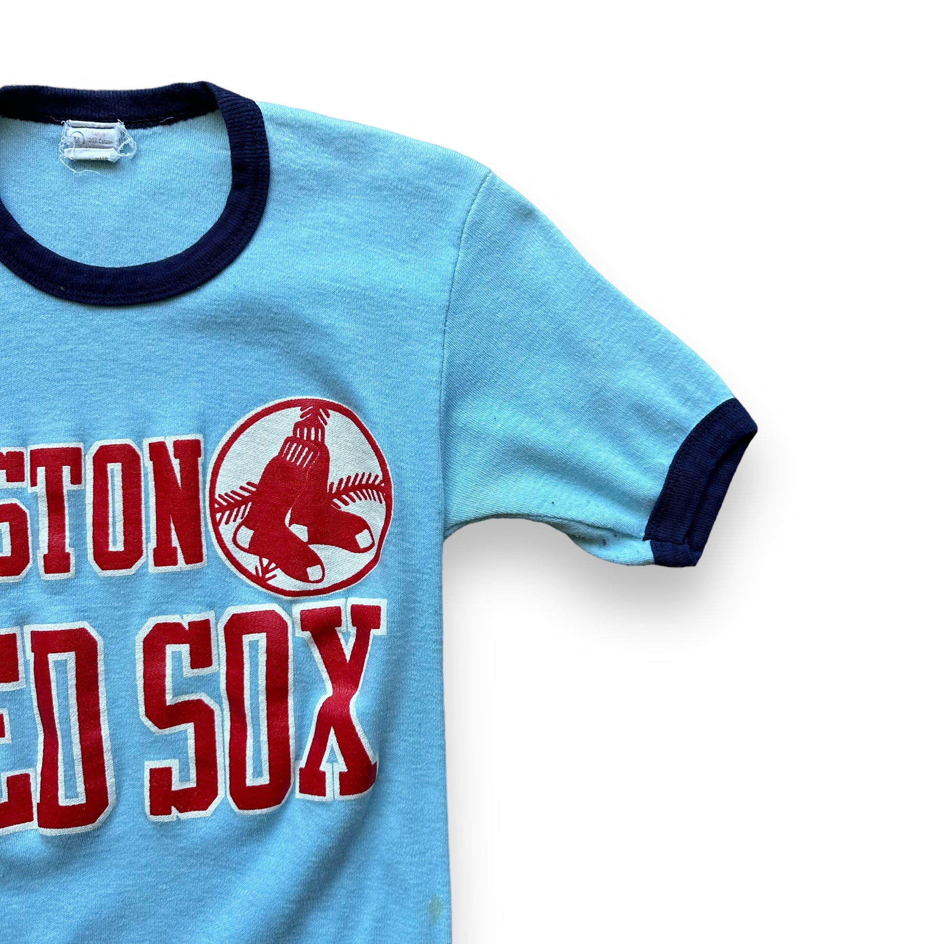 Front Left Sleeve of Vintage Powder Blue Red Sox Ringer Tee SZ M | Vintage Red Sox T-Shirts Seattle | Barn Owl Vintage Tees Seattle