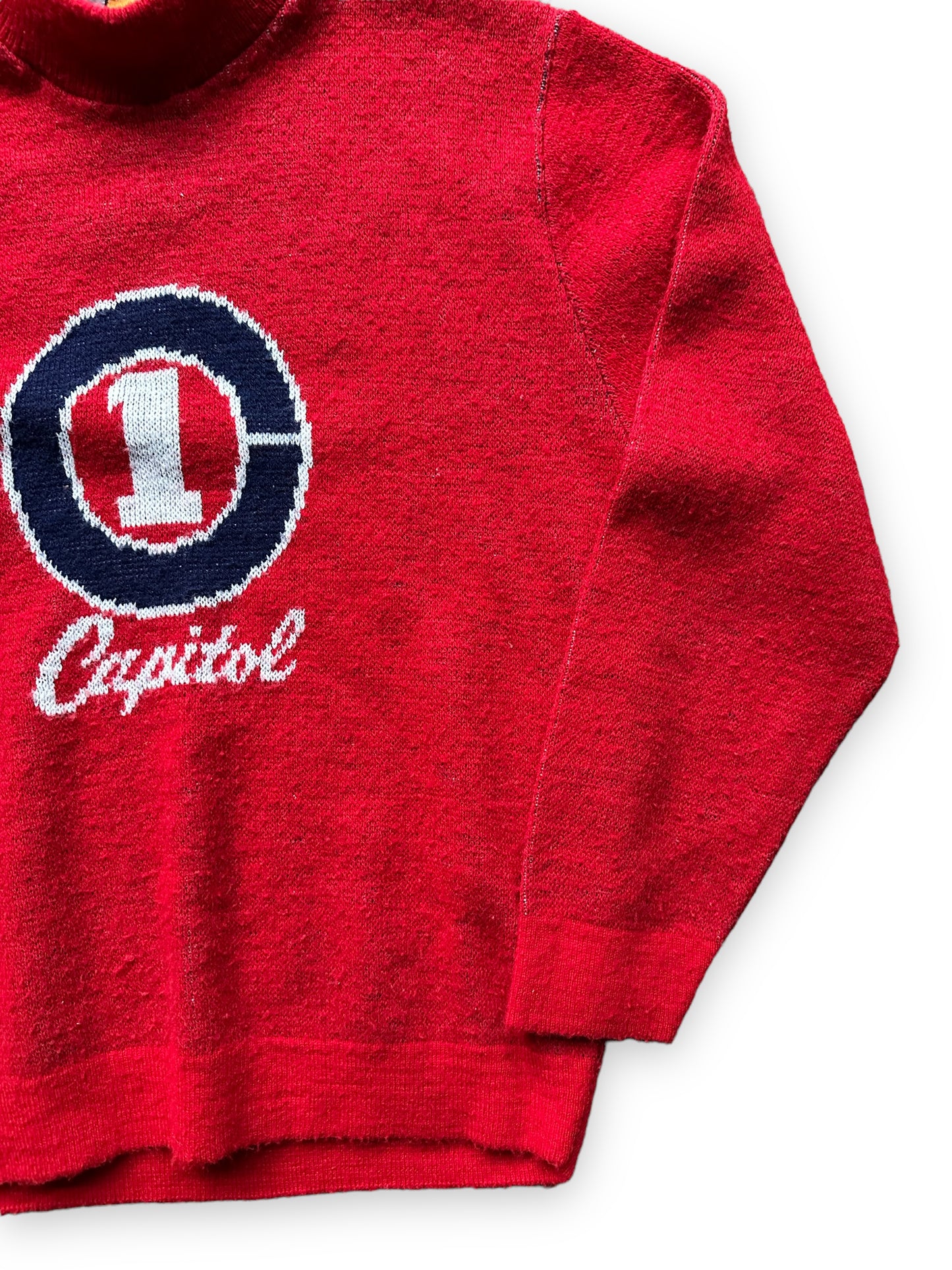 Front Left View of Vintage Capitol Records Promotional Sweater SZ M |  Vintage Sweaters Seattle | Barn Owl Vintage Seattle