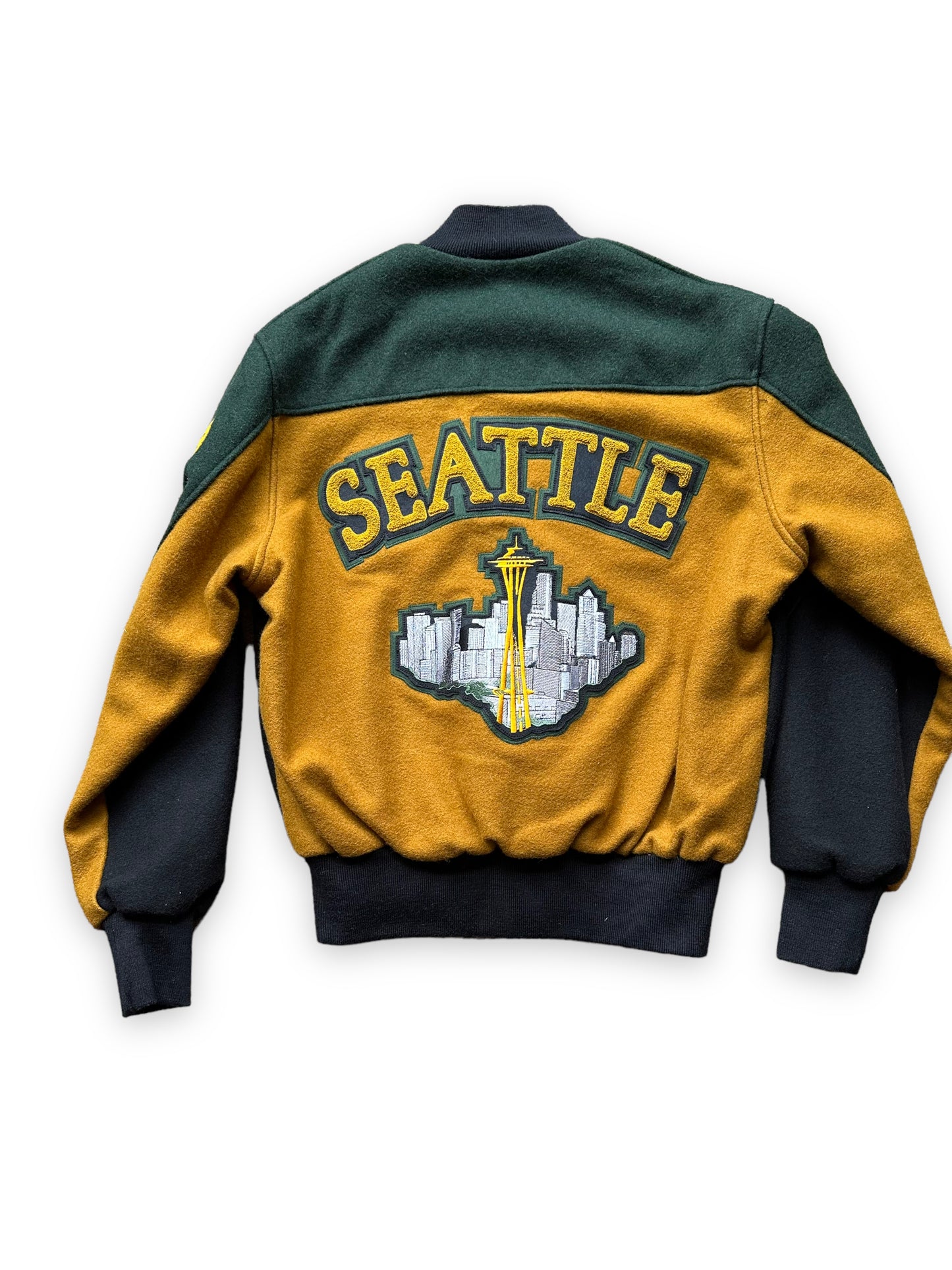 Alternate Rear View of Seattle Supersonics Green Black and Yellow Prototype Jacket SZ L | Vintage Seattle Supersonics  | Seattle Vintage Basketball