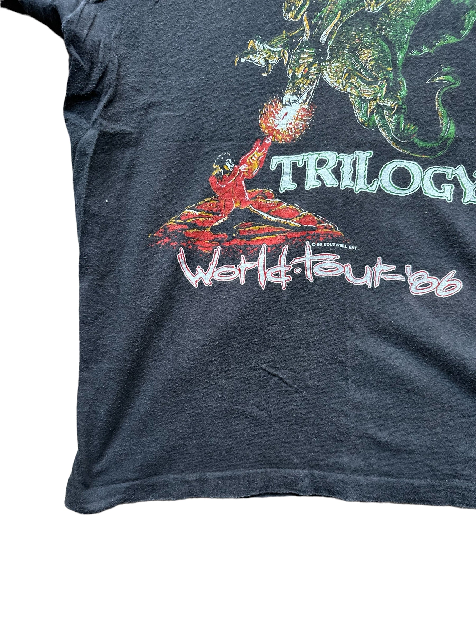Lower Right Hem View of Vintage Yngwie Malmsteen Trilogy World Tour Shirt Size XLarge | Vintage Metal Rock Tee | Barn Owl Vintage Seattle