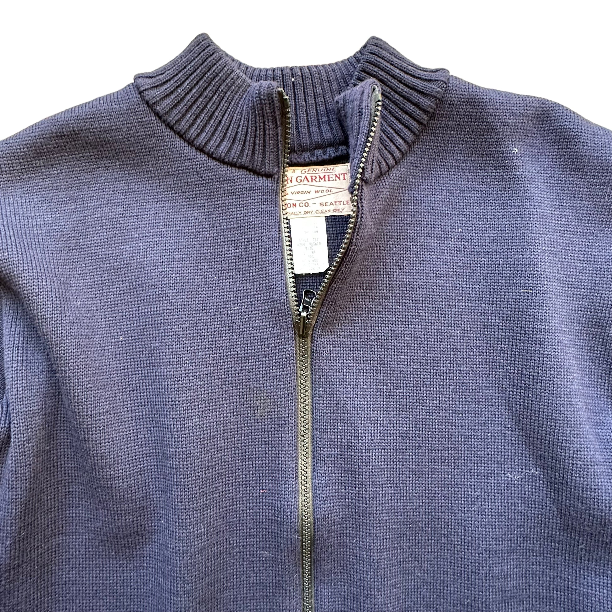 Upper Front View of Filson Style 717 Navy Blue Zip Up Cardigan SZ L |  Barn Owl Vintage Goods | Vintage Workwear Seattle