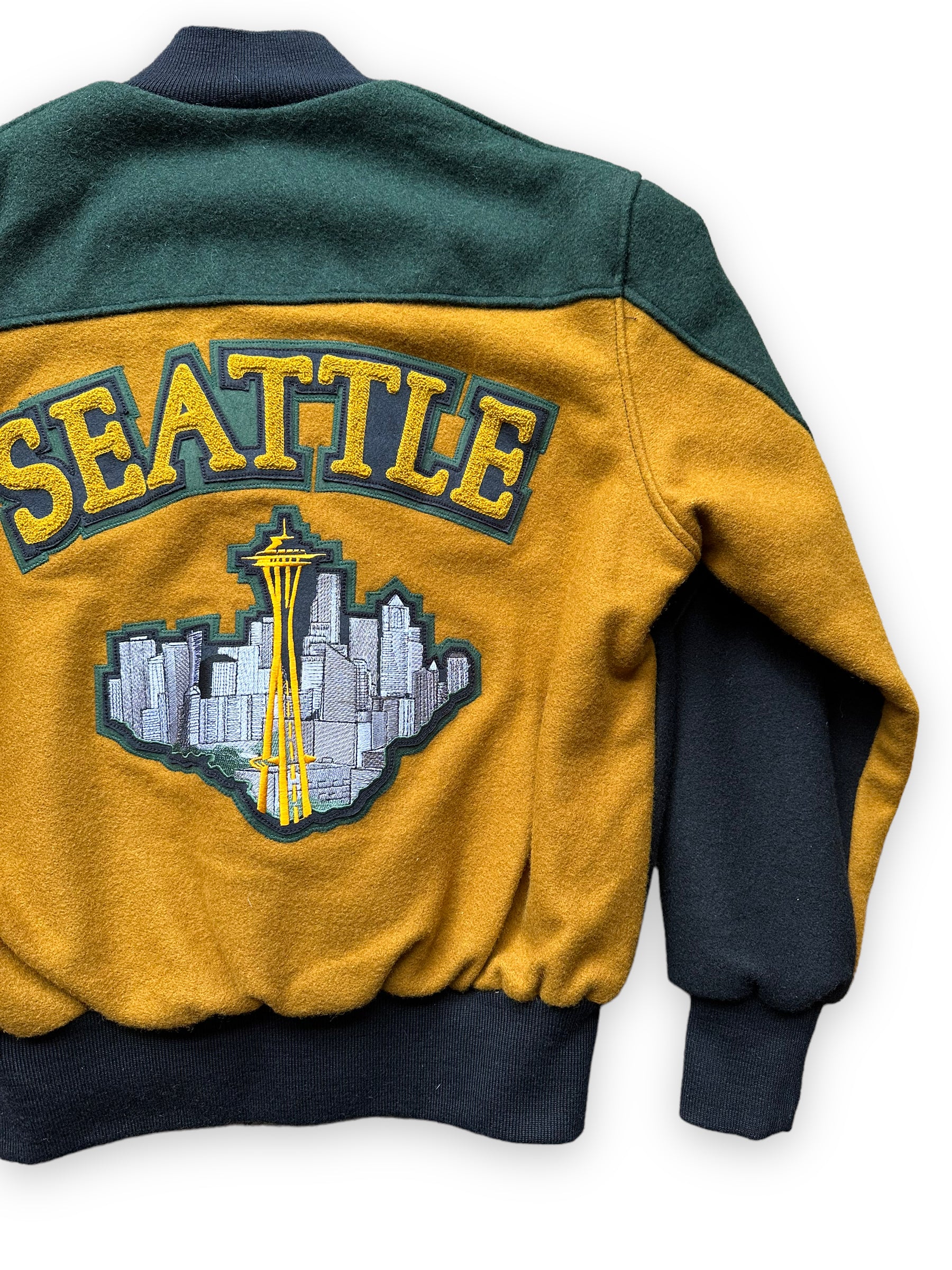 Right Rear View of Seattle Supersonics Green Black and Yellow Prototype Jacket SZ L | Vintage Seattle Supersonics  | Seattle Vintage Basketball