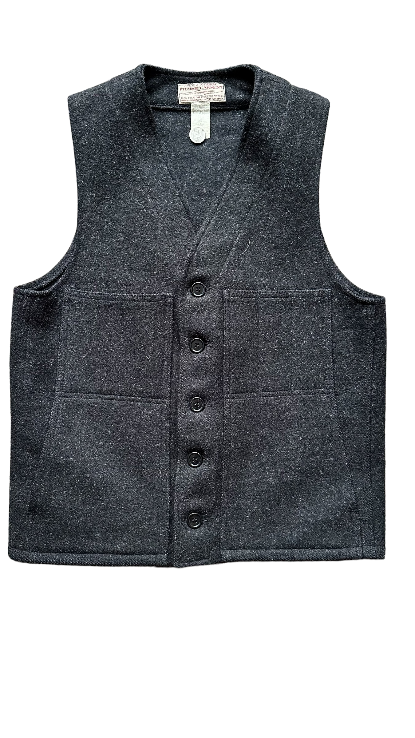 Front View of Vintage Filson Mackinaw Vest SZ 36 |  Charcoal Grey Wool Vest | Vintage Seattle Workwear
