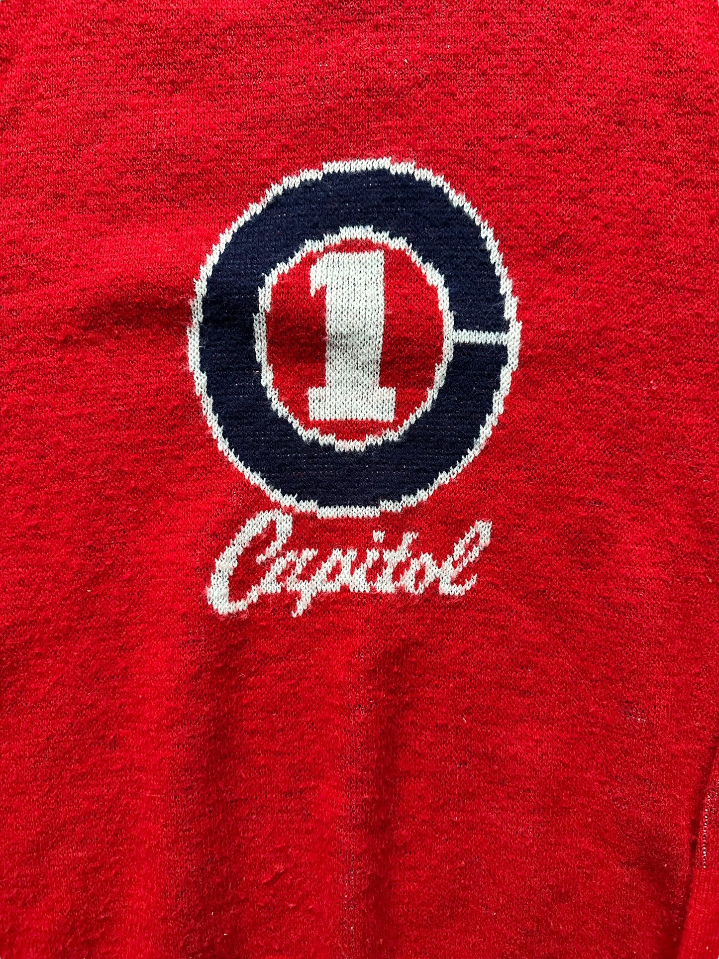 Front Detail on Vintage Capitol Records Promotional Sweater SZ M |  Vintage Sweaters Seattle | Barn Owl Vintage Seattle