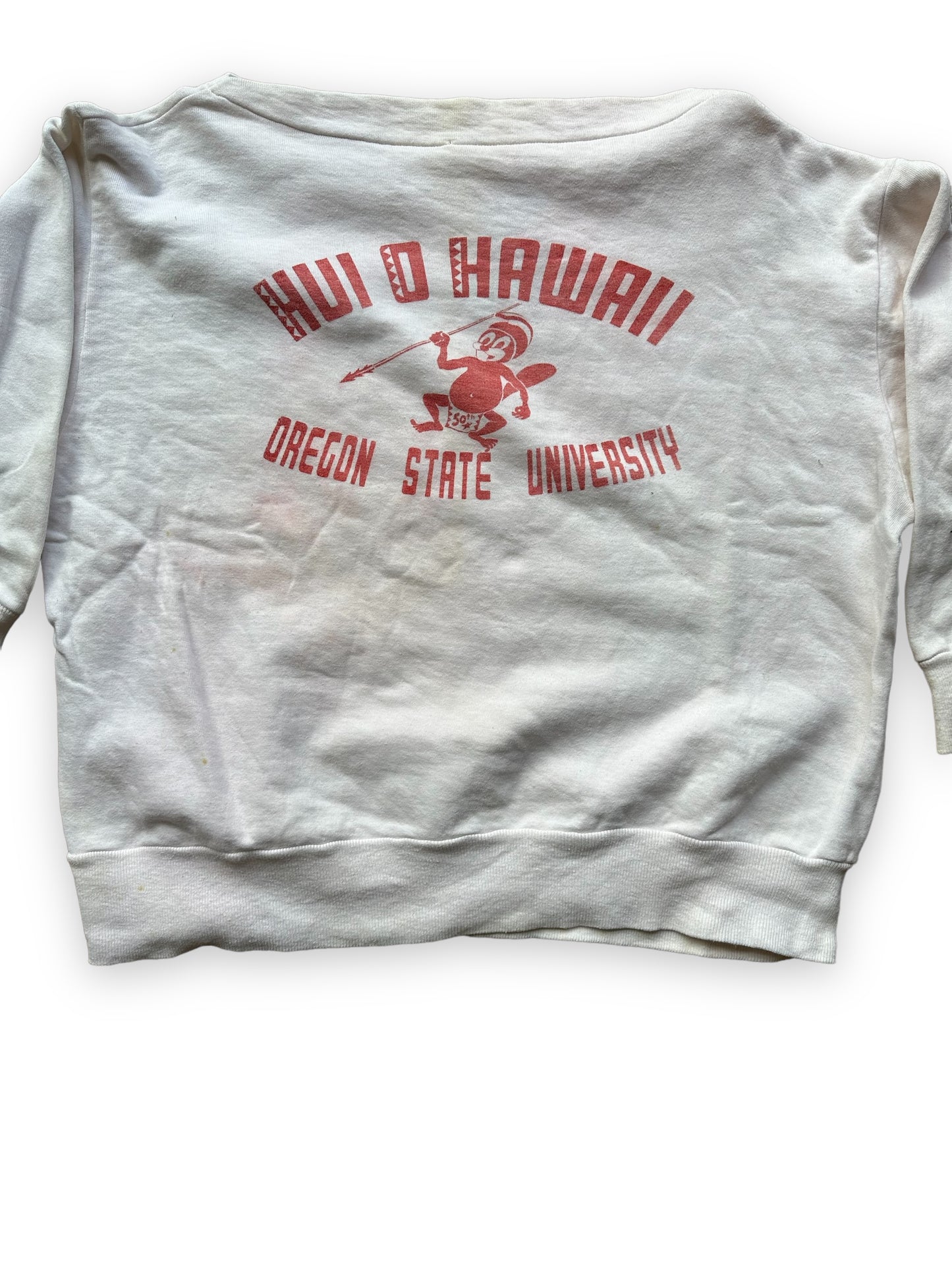 Close Up of Rear Graphic on Vintage Oregon State University Hui O Hawaii Club Boatneck Sweatshirt SZ XL | Seattle Vintage Sweatshirt | Barn Owl Vintage Seattle