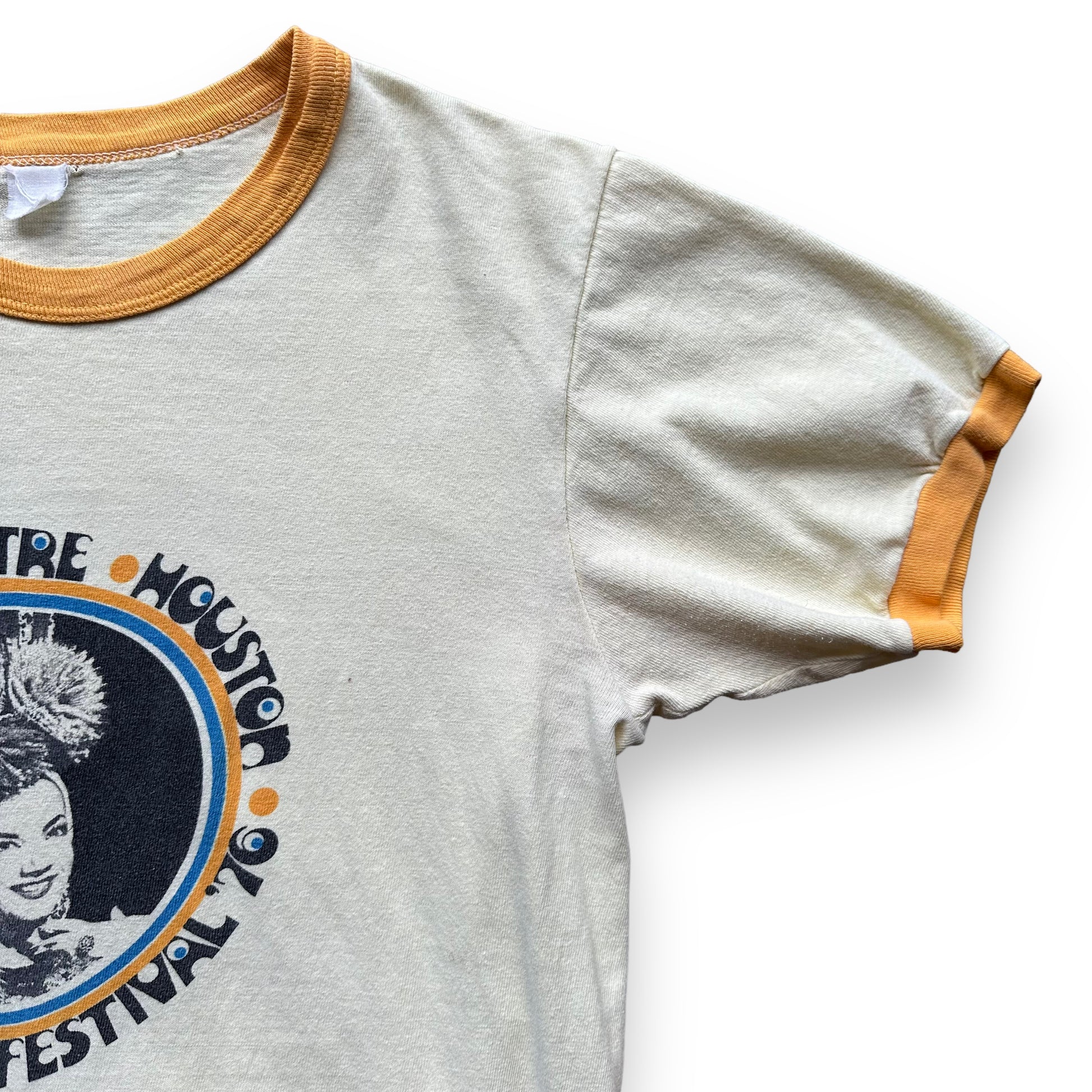 Front Left Sleeve View of Vintage 1976 Alley Theatre Houston Summer Film Festival Ringer Tee SZ M | Vintage T-Shirts Seattle | Barn Owl Vintage Tees Seattle