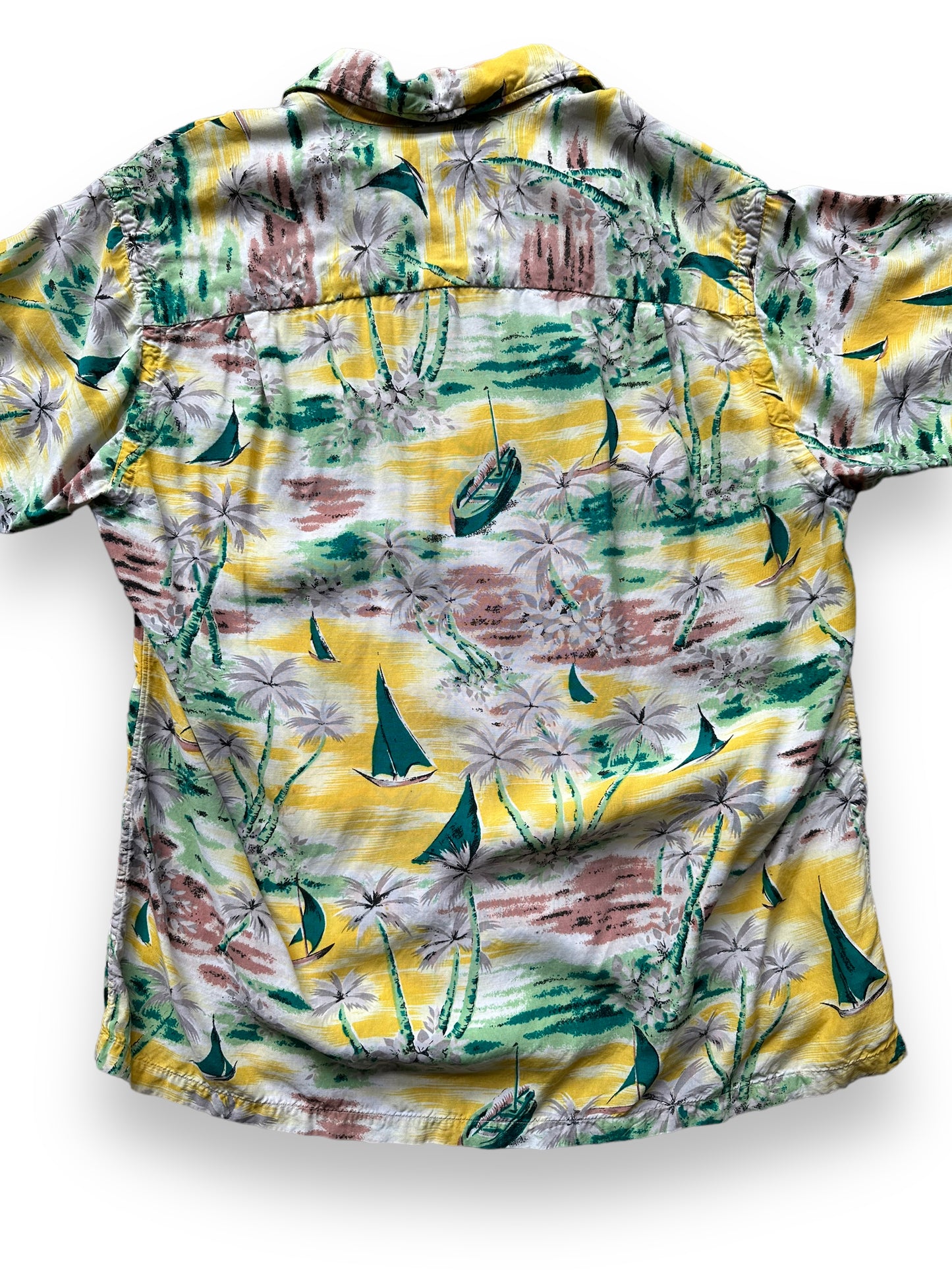 Rear Detail on. Vintage Yellow Aloha Rayon Shirt SZ S | Seattle Vintage Rayon Hawaiian Shirt | Barn Owl Vintage Clothing Seattle