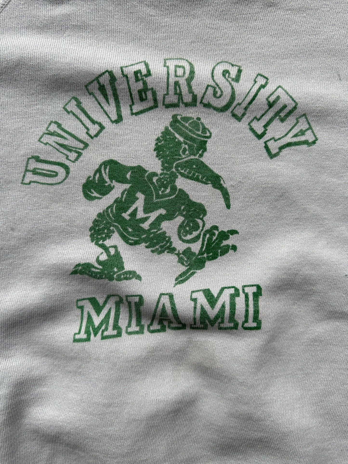 Graphic on Front of Vintage University of Miami Short Sleeve Crewneck Sweatshirt SZ L | Seattle Vintage Crewneck Sweatshirts | Barn Owl Vintage Seattle