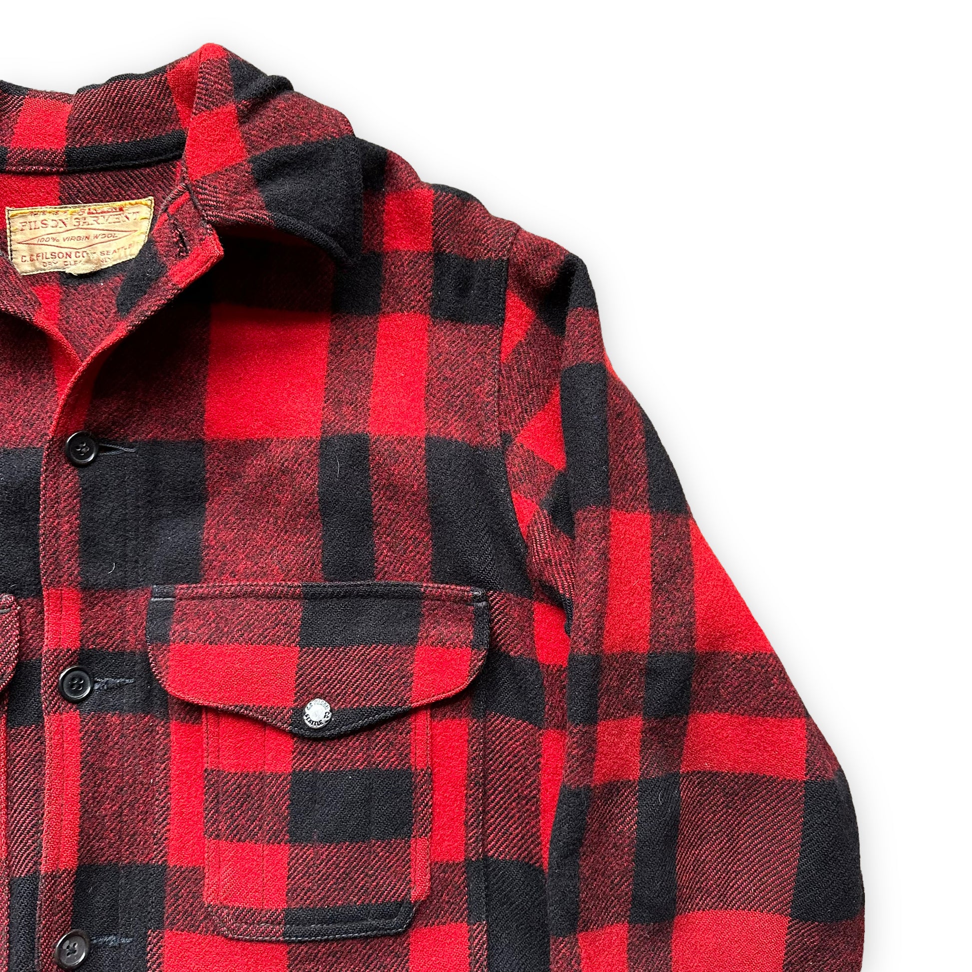 Upper Left View of Vintage Early 1970s Filson Union Made Red and Black Mackinaw Cruiser SZ 44 |  Vintage Filson Cruiser | Vintage Workwear Seattle