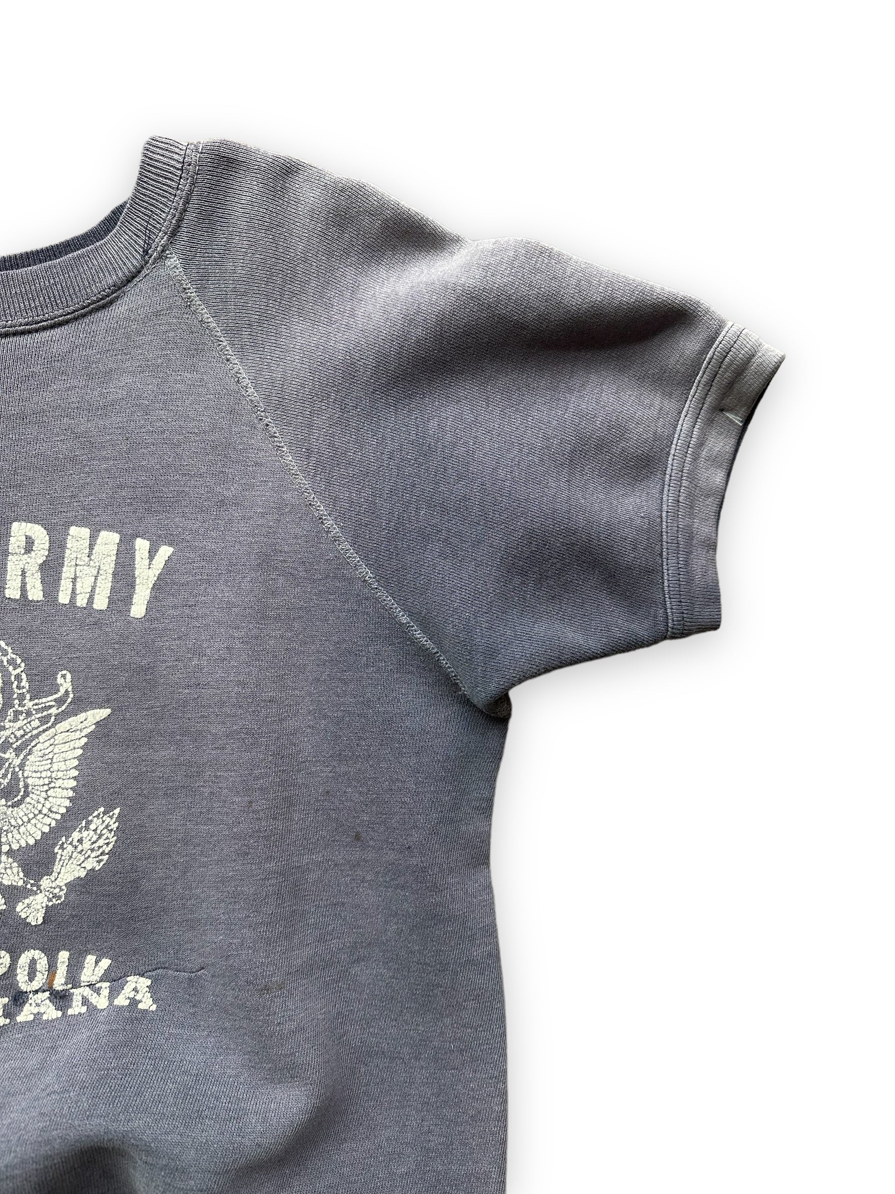 Left Sleeve View on Vintage US Army Fort Polk Short Sleeve Sweatshirt SZ M | Vintage Crewneck Sweatshirts | Barn Owl Vintage Seattle