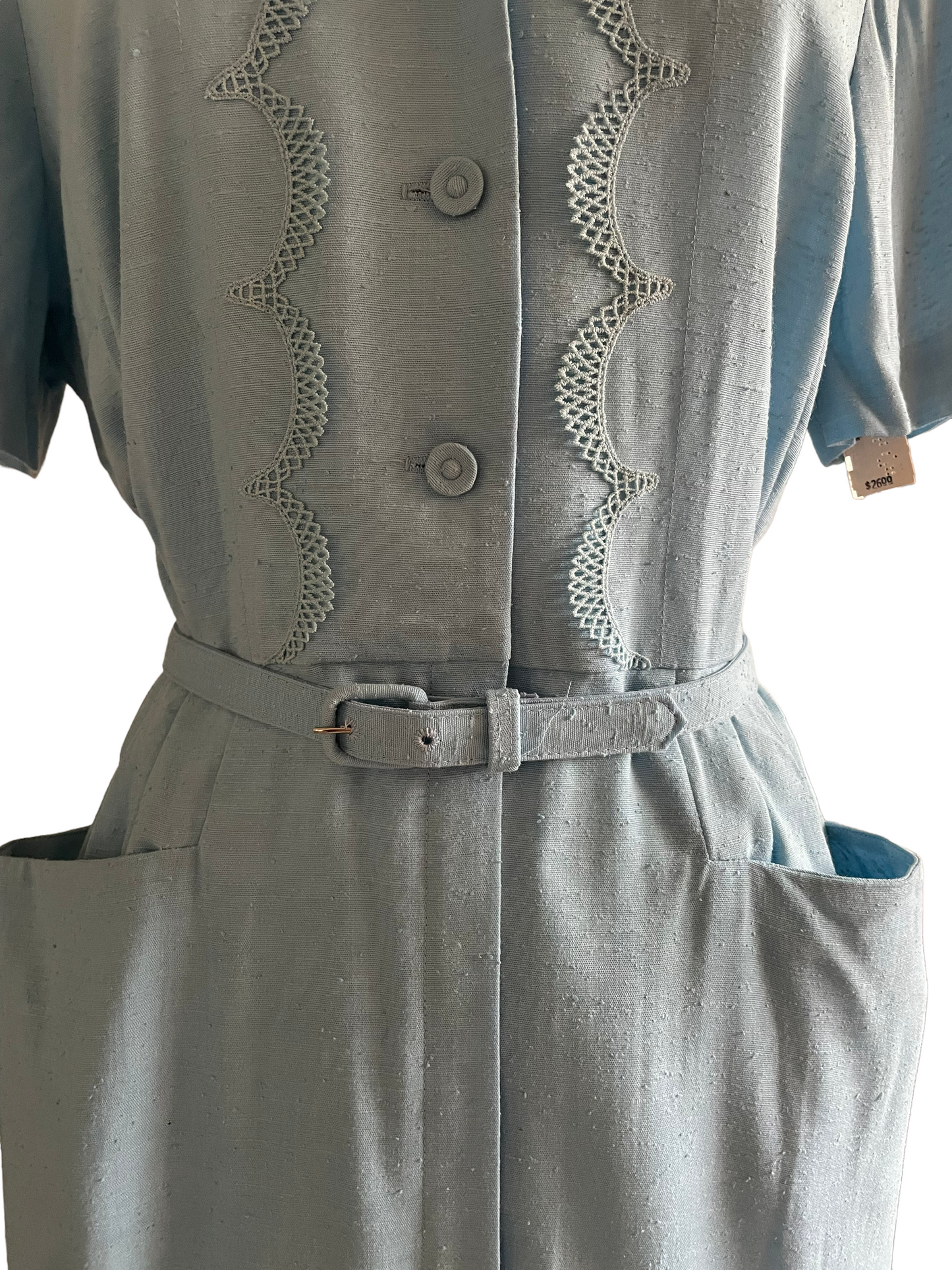 Vintage 1950s Deadstock Lordleigh Light Blue Silk and Rayon Dress SZ M|  Barn Owl Vintage | Seattle Vintage Dresses Front belt/Mid view