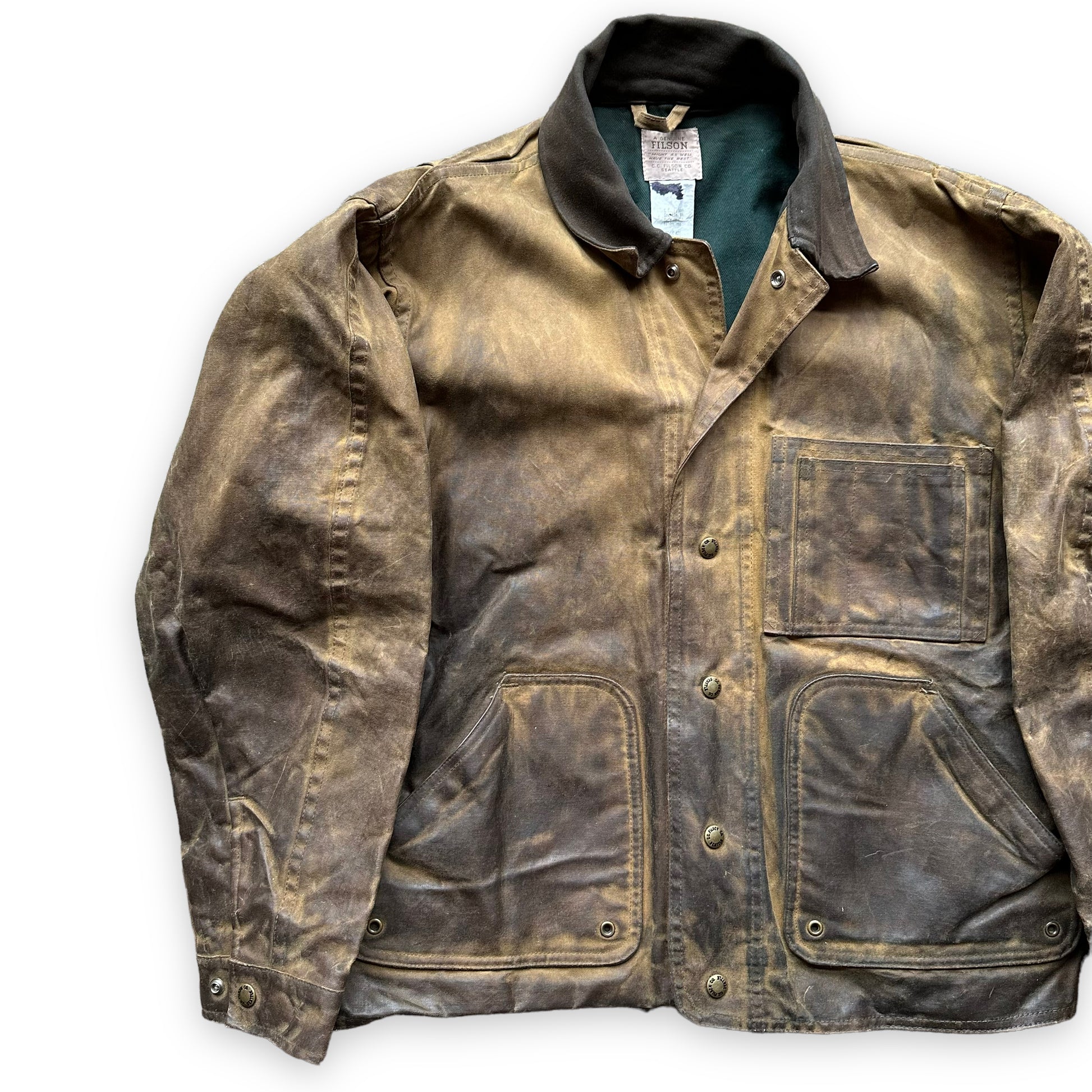 Front Right View of Vintage Filson Style 621 Lined Tin Cloth Field Jacket Size M |  Barn Owl Vintage Goods | Vintage Filson Tin Cloth Jacket Seattle