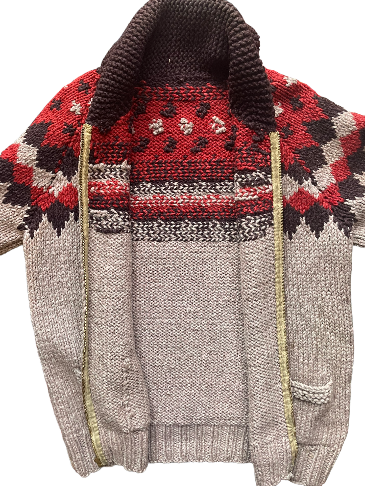 Full front view open Vintage 1950s Cowichan Style Wool Cardigan |  Barn Owl Vintage | Seattle Vintage Sweaters