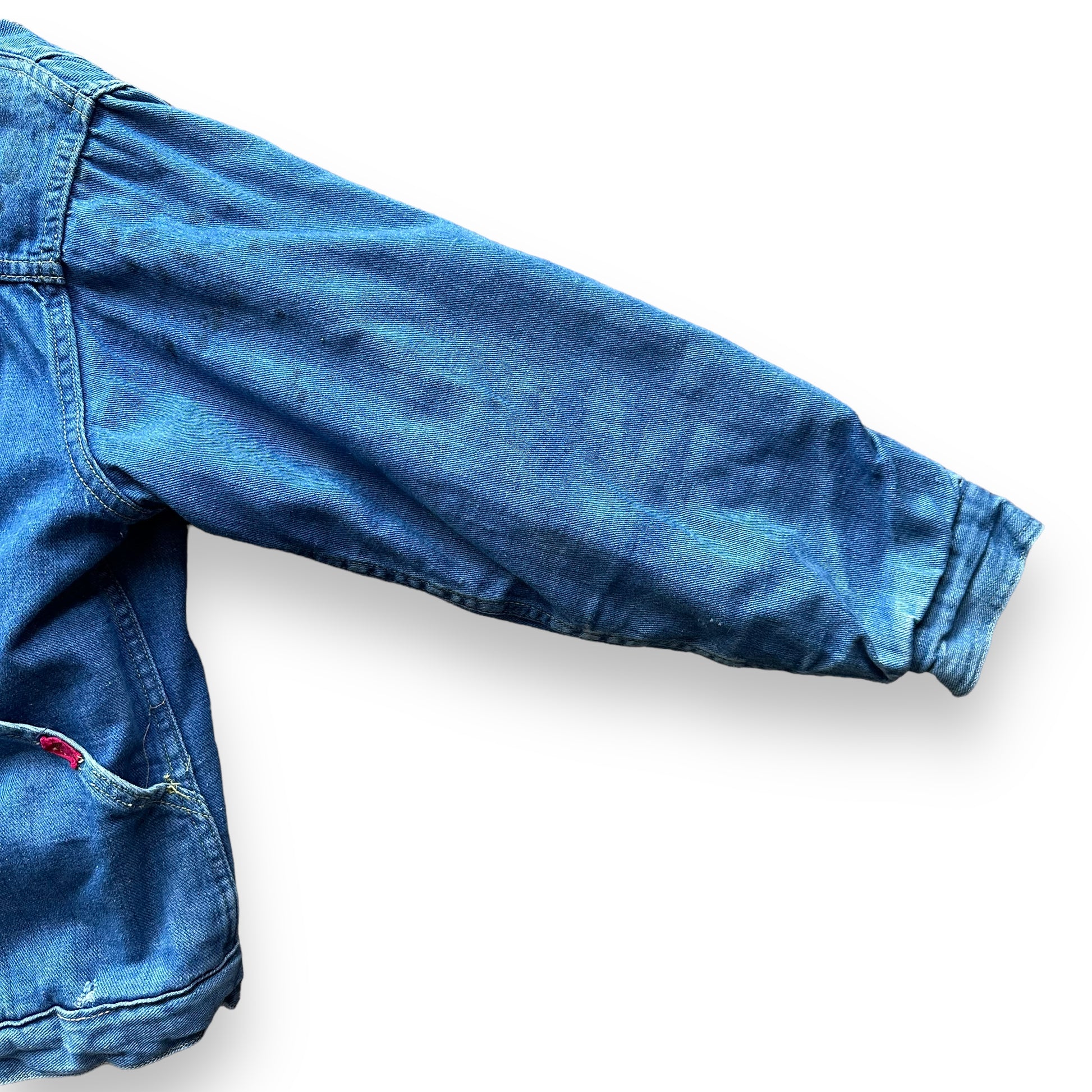 Full View of Left Sleeve and Staining on Vintage Buckaroo By Big Smith Type II Sherpa Denim Jacket SZ L | Vintage Denim Workwear Seattle | Seattle Vintage Denim