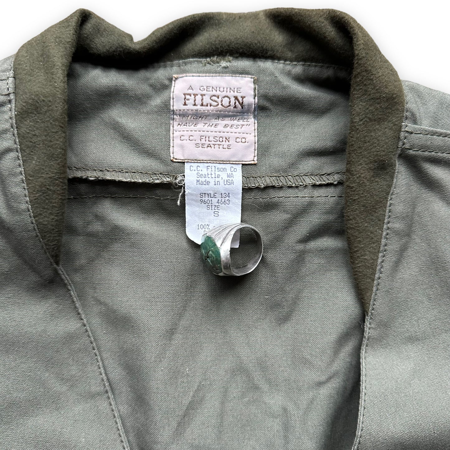 Production Tag View on Vintage Filson Fly Fishing Vest Style 134 SZ S |  Filson Tin Cloth Vests Seattle | Barn Owl Vintage