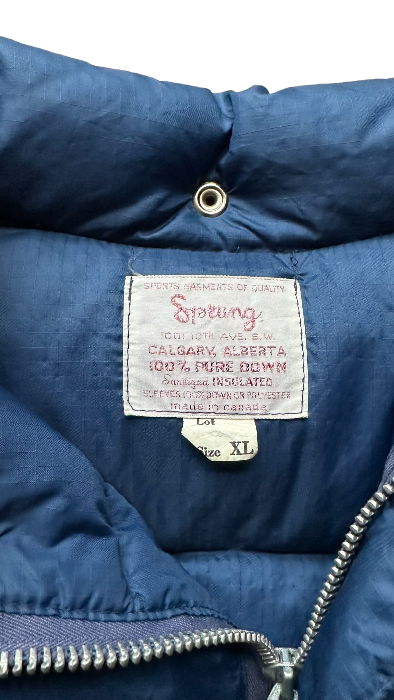 Tag View on Vintage Sprung Blue Goose Down Puffer Jacket SZ XL | Vintage Puffer Jacket Seattle | Barn Owl Vintage Seattle