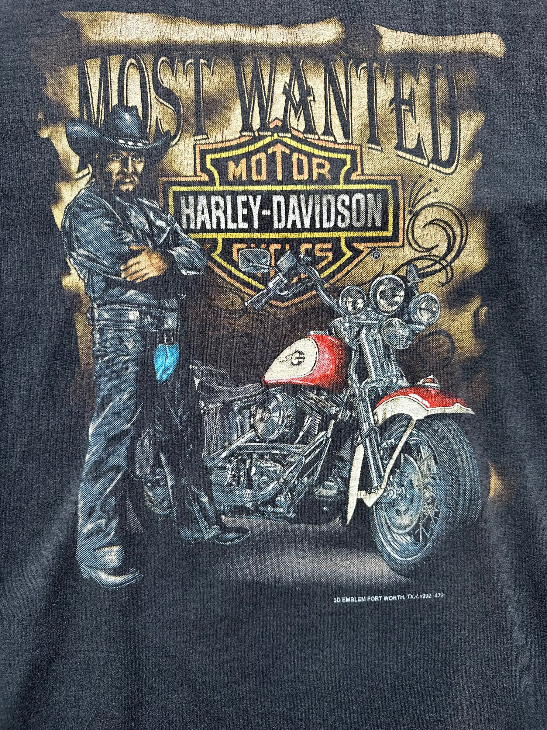 Close Up Detail of Graphic on Vintage 1992 Harley Davidson Most Wanted 3D Emblem Tee SZ L | Vintage Bayou Rider Harley Tee Seattle | Barn Owl Vintage Seattle