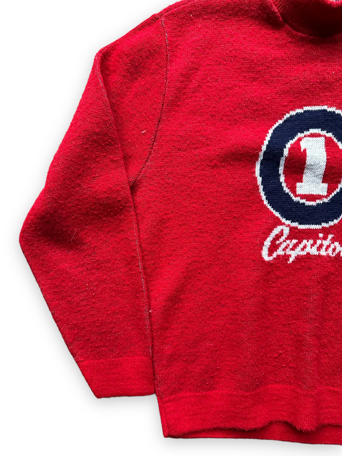 Front Right Side View of Vintage Capitol Records Promotional Sweater SZ M |  Vintage Sweaters Seattle | Barn Owl Vintage Seattle