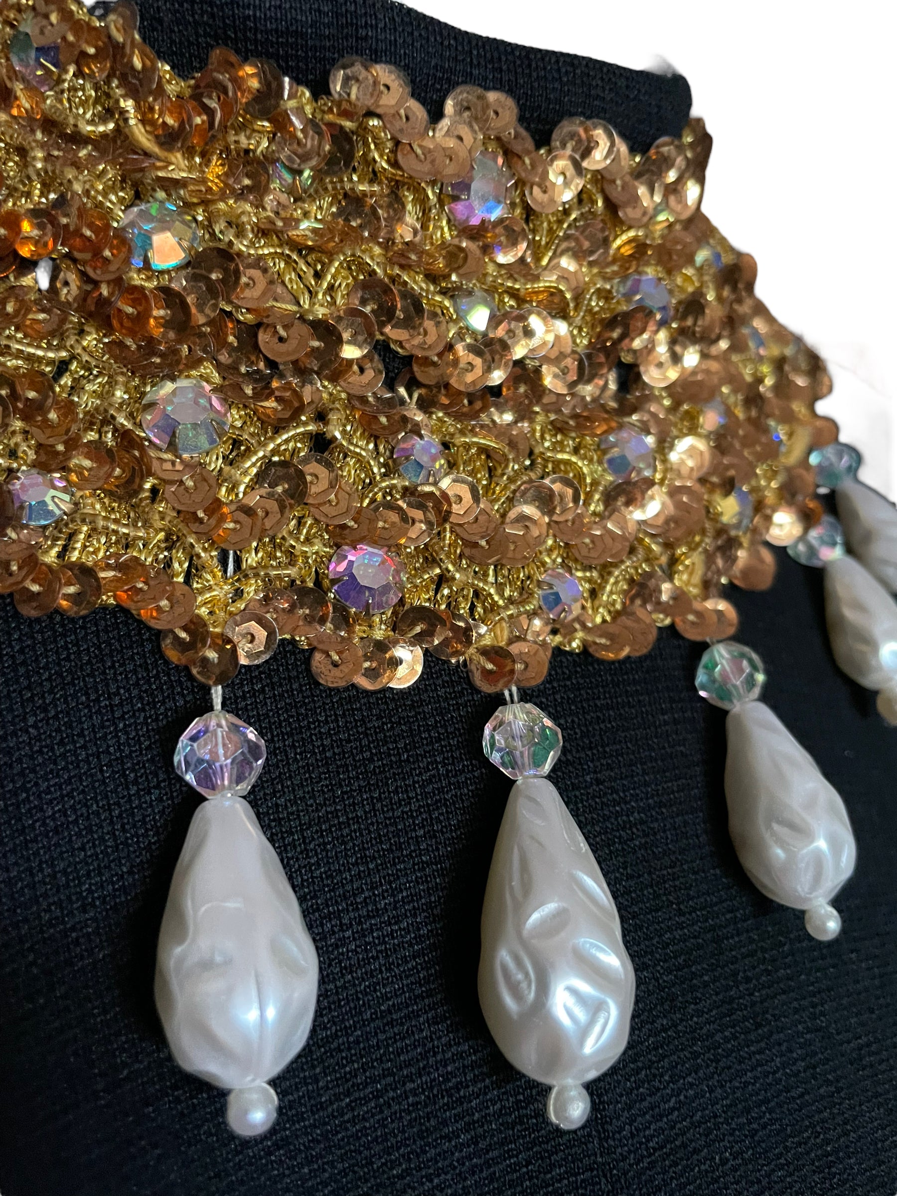 Close up of collar detail Vintage 1960s Bejeweled Pantsuit SZ M-L