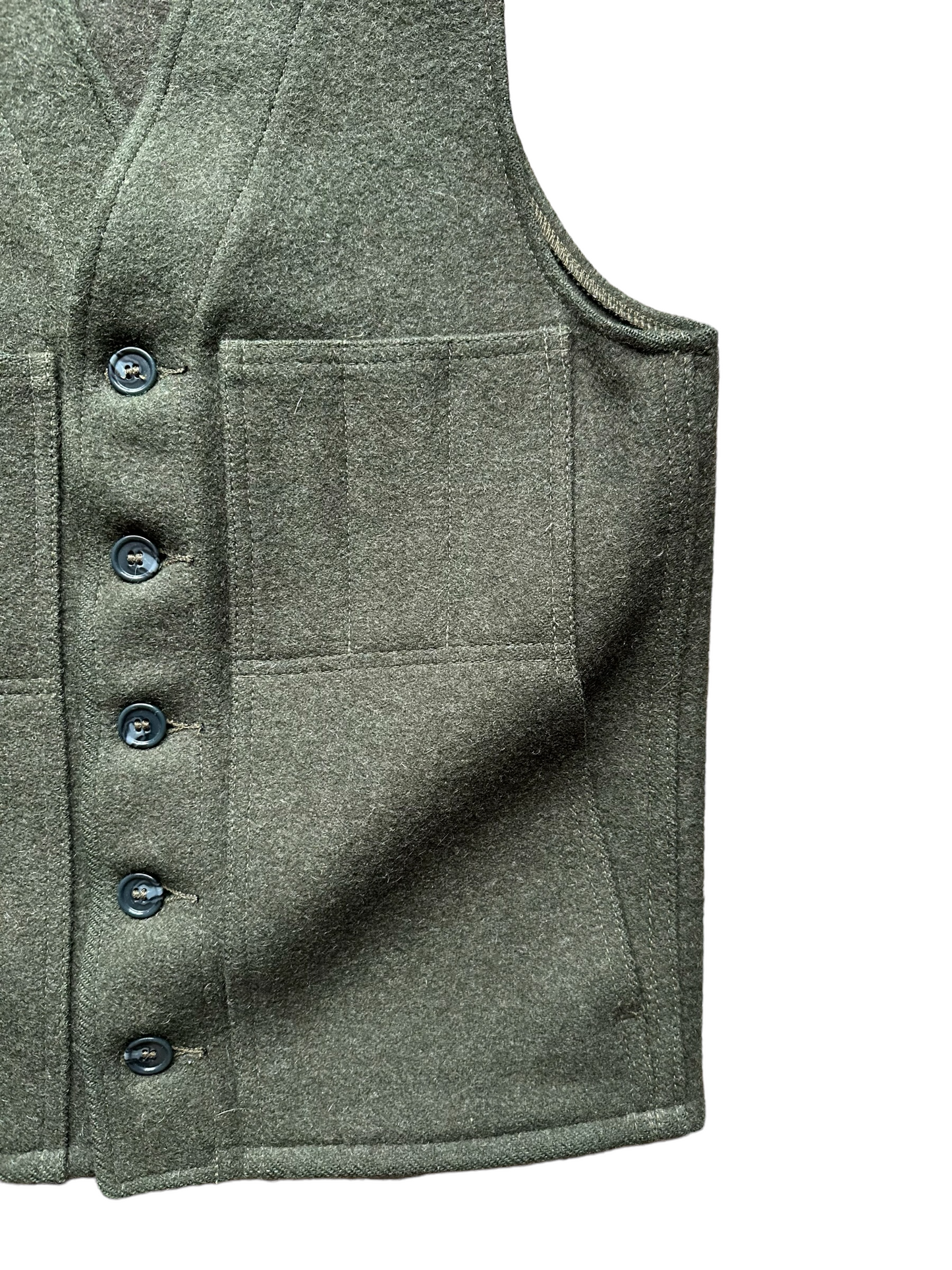 Lower Left Pocket View of Vintage Filson Mackinaw Vest SZ 36 |  Forest Green Wool Vest | Seattle Vintage Workwear