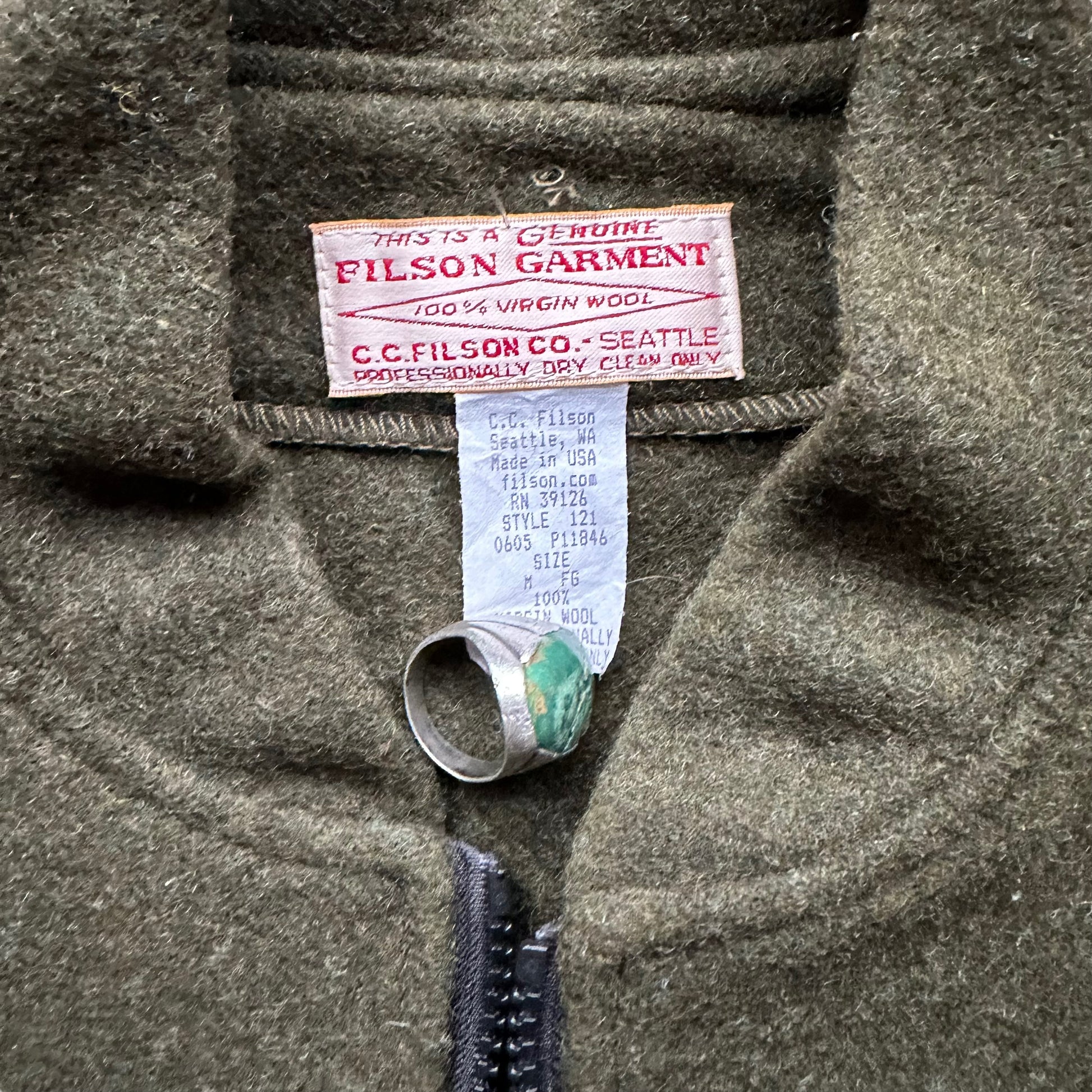 Tag View of Filson Forest Green Mackinaw Wool Liner SZ M |  Vintage Filson Workwear Seattle | Barn Owl Vintage