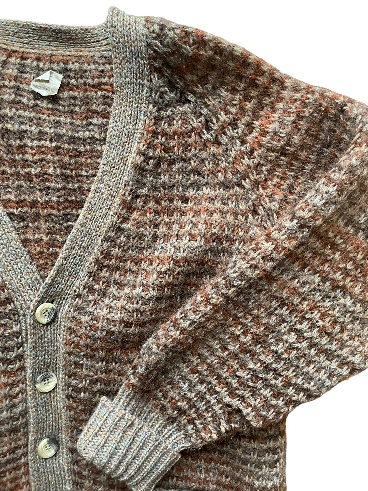 Vintage 1960s Shetland Wool Grampa Cardigan |  Barn Owl Vintage | Seattle Vintage Sweaters Front left side view. Hole visible on left sleeve.