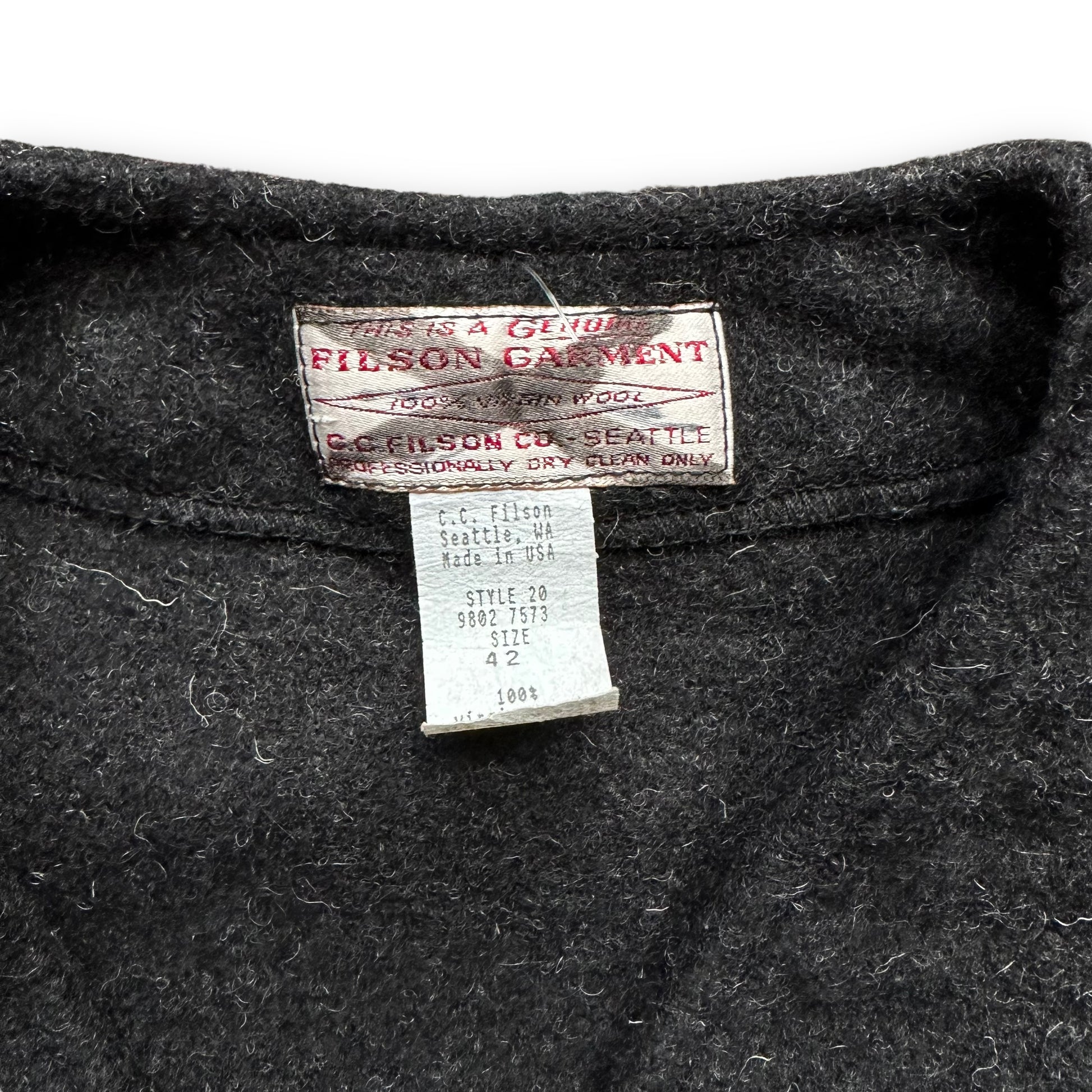 Tag View of Vintage Filson Charcoal Mackinaw Wool Vest SZ 42 |  Vintage Filson Vest Seattle | Barn Owl Vintage