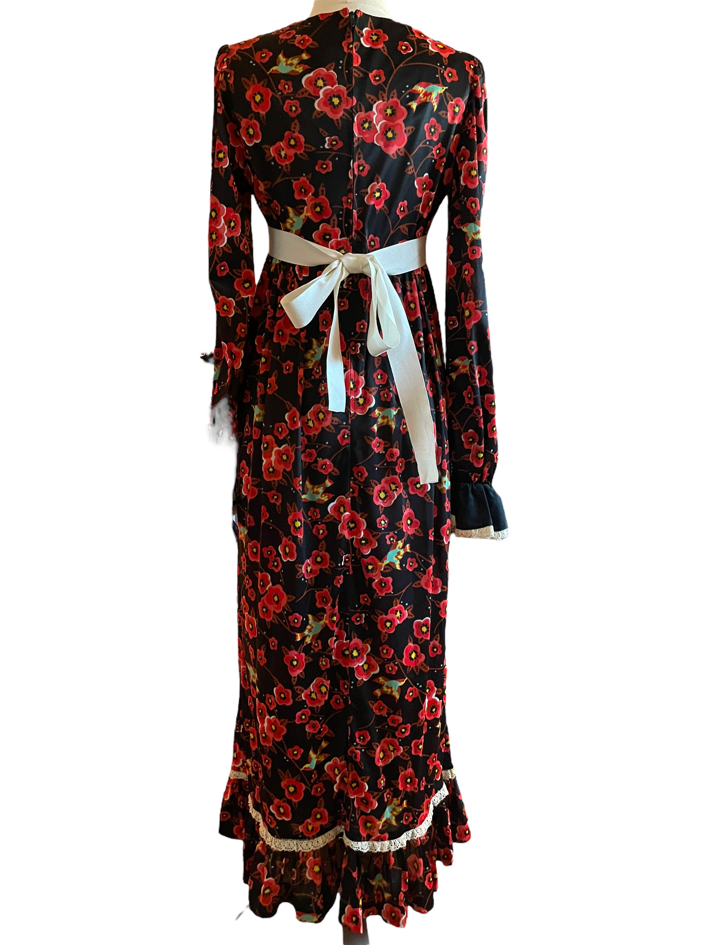 Vintage 1960s Cherry Blossom Maxi Dress SZ S-M |  Barn Owl Vintage | Seattle Vintage Dresses Full back view.