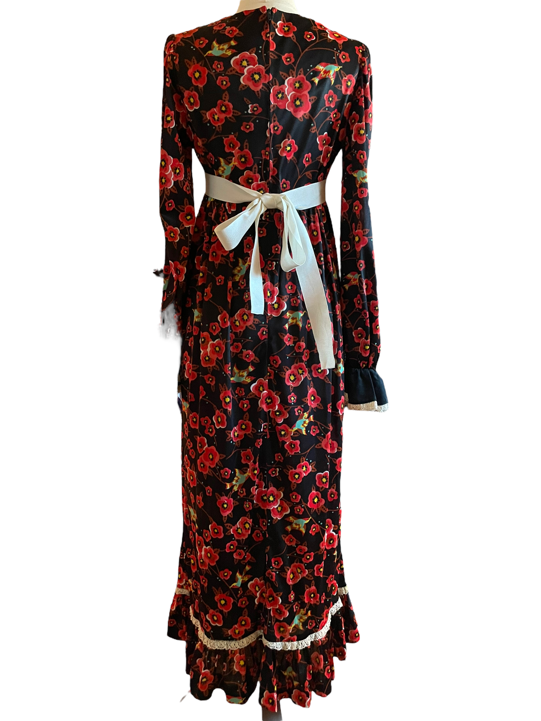 Vintage 1960s Cherry Blossom Maxi Dress SZ S-M |  Barn Owl Vintage | Seattle Vintage Dresses Full back view.