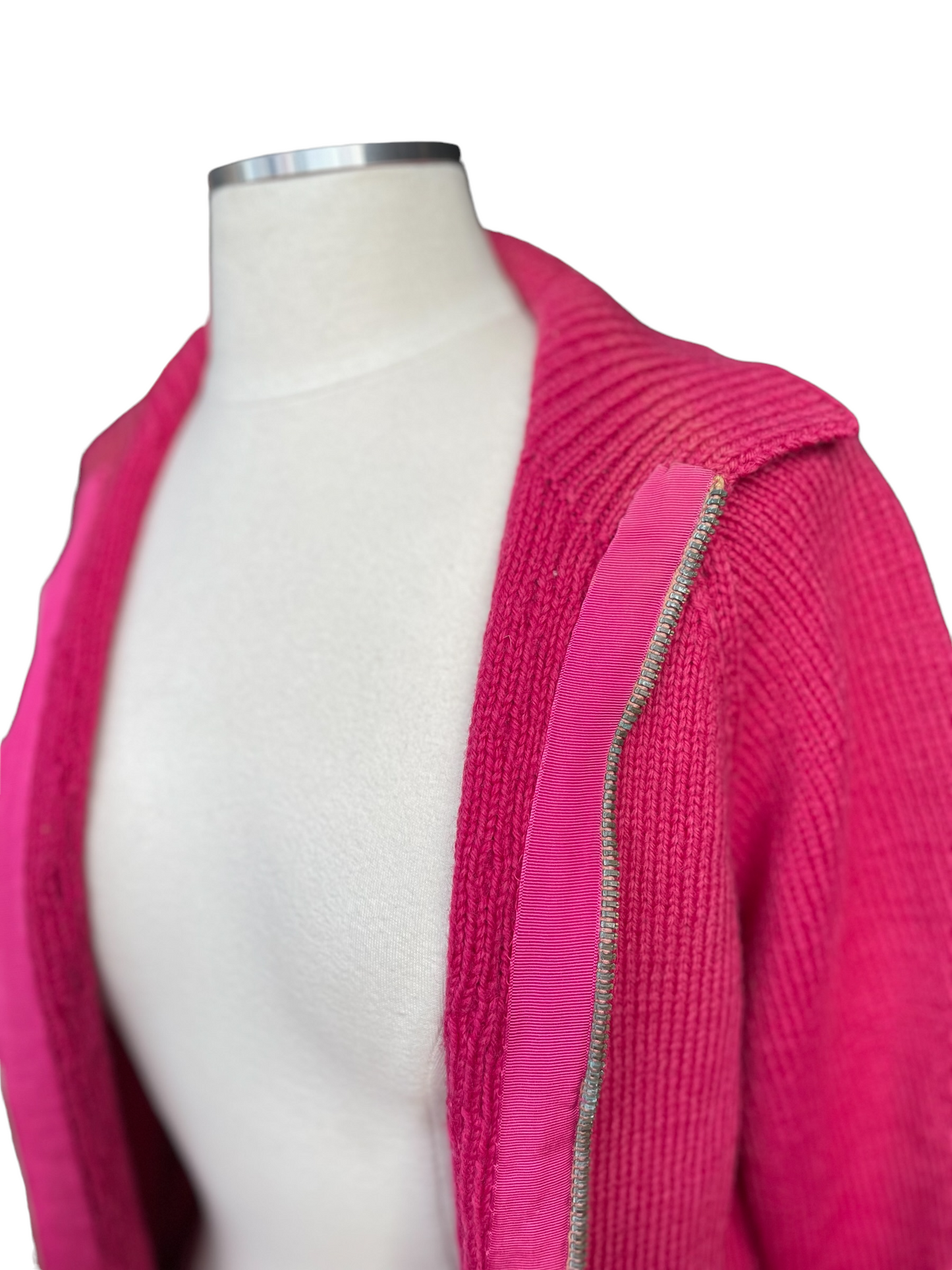 Left side open zipper and minor discoloration view Vintage 1940's Wool Hand Knit Magenta Zip Up Cardigan Sweater | Barn Owl Vintage | Seattle True Vintage