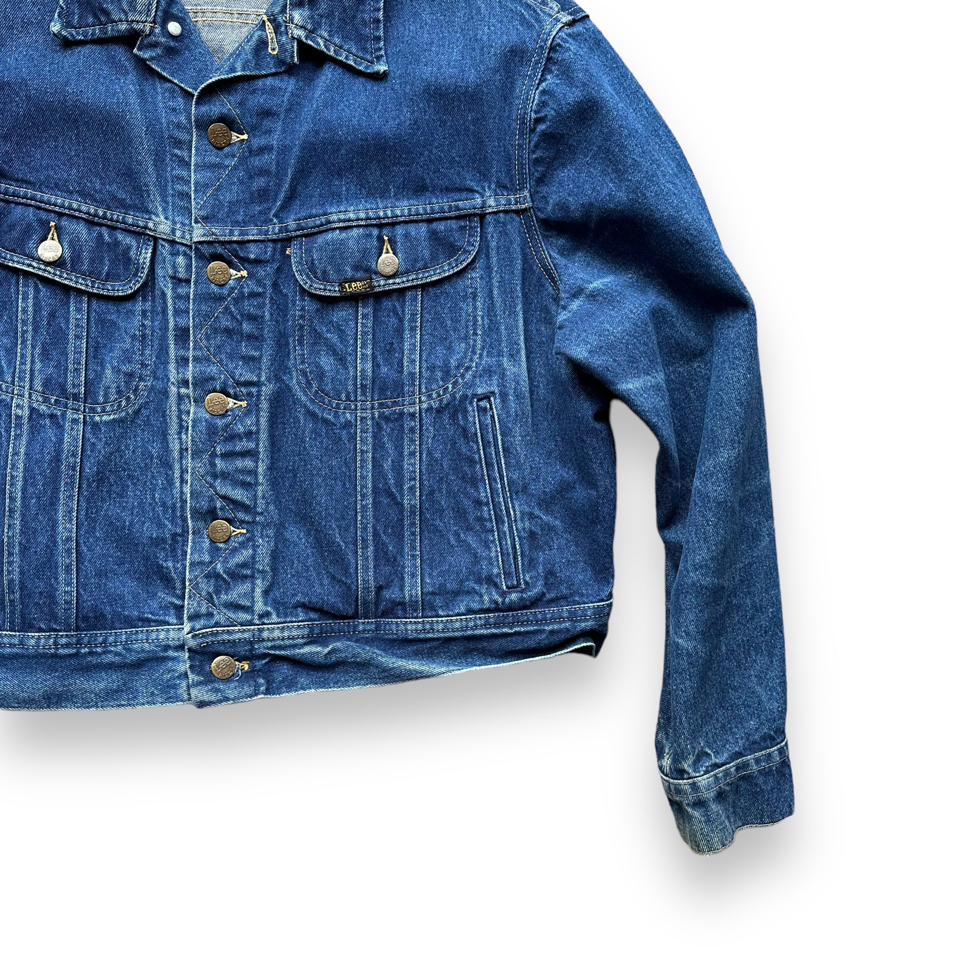 Front Right View of Vintage Dark Lee Rider 101-J SZ 50 | Vintage Denim Workwear Seattle | Seattle Vintage Denim Jackets