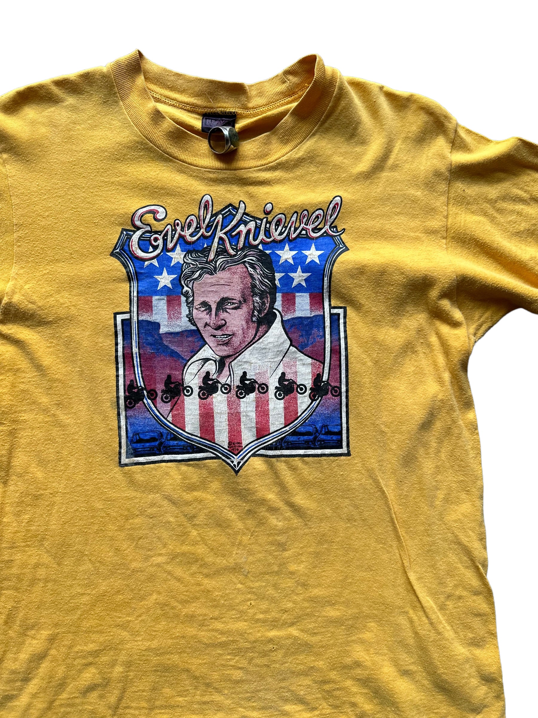 Front Graphic on Vintage Evel Knievel Snake River Canyon TShirt |  Vintage Evel Knievel Single Stitch Tee | Barn Owl Vintage Seattle