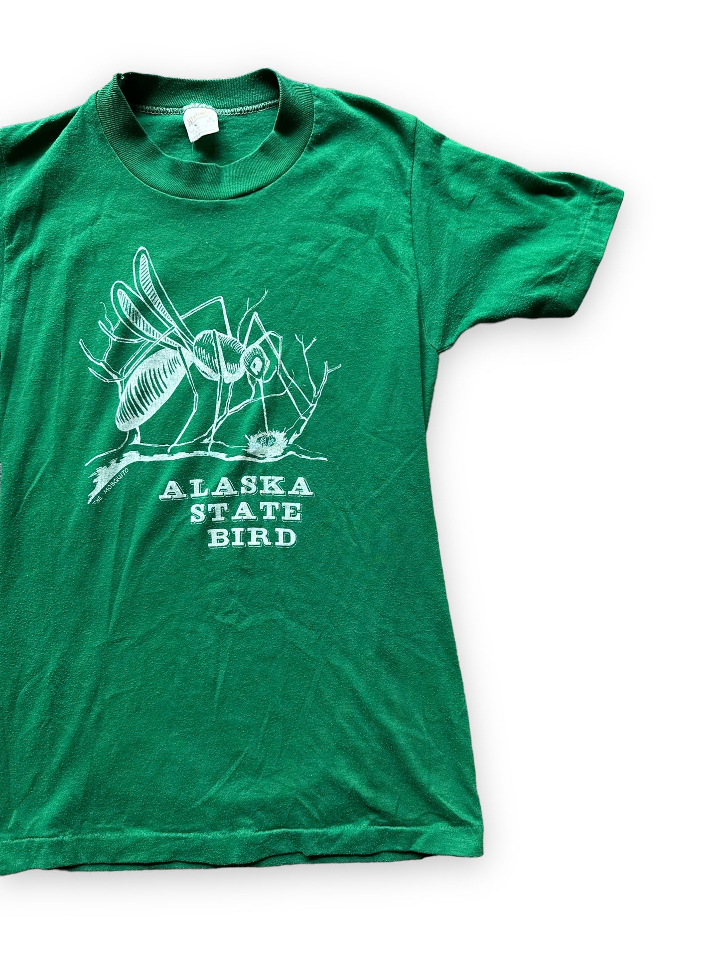 Front Right Side View of Vintage Alaska State Bird Mosquito Tee SZ SM |  Vintage T Shirt Seattle | Barn Owl Vintage Seattle