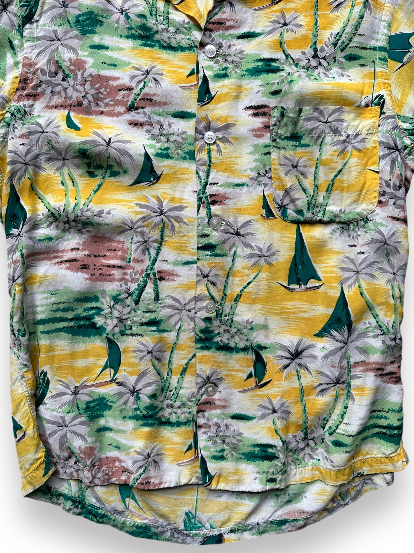 Lower Front Detail on Vintage Yellow Aloha Rayon Shirt SZ S | Seattle Vintage Rayon Hawaiian Shirt | Barn Owl Vintage Clothing Seattle
