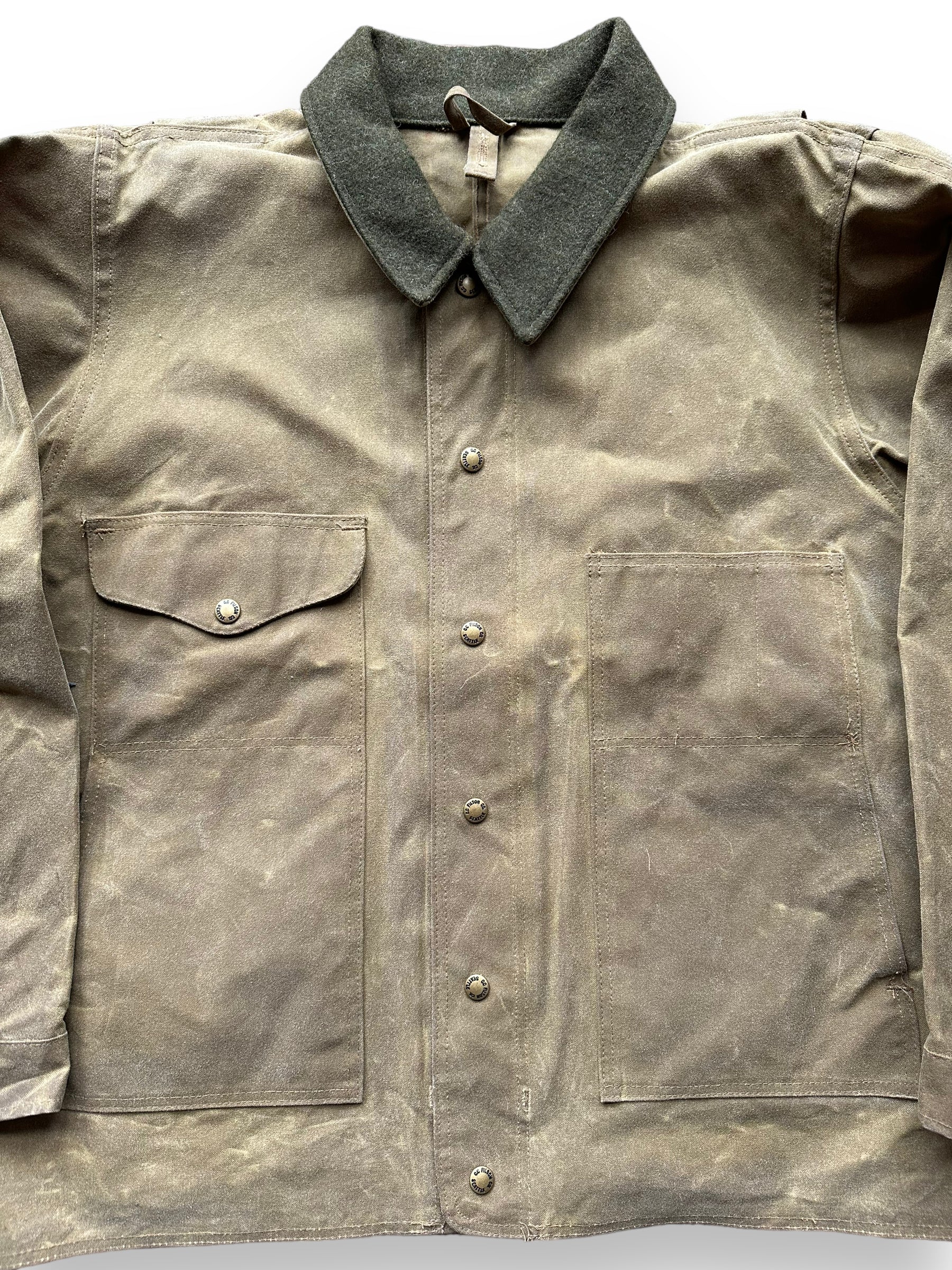 Front Close Up Detail on Filson Tin Cloth Jacket SZ XL |  Barn Owl Vintage Goods | Filson Workwear Seattle