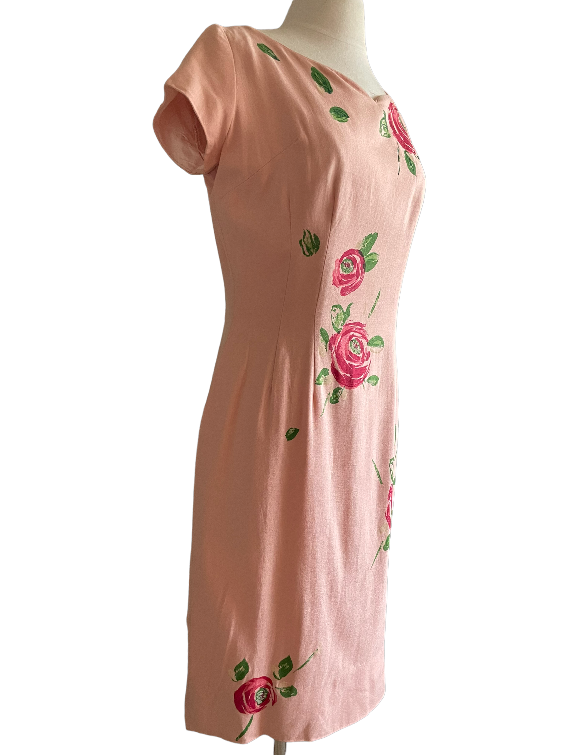 Vintage 1950s Jackie Morgan Painted Roses Dress SZ S |  Barn Owl Vintage | Seattle Vintage Dresses Right full side view.