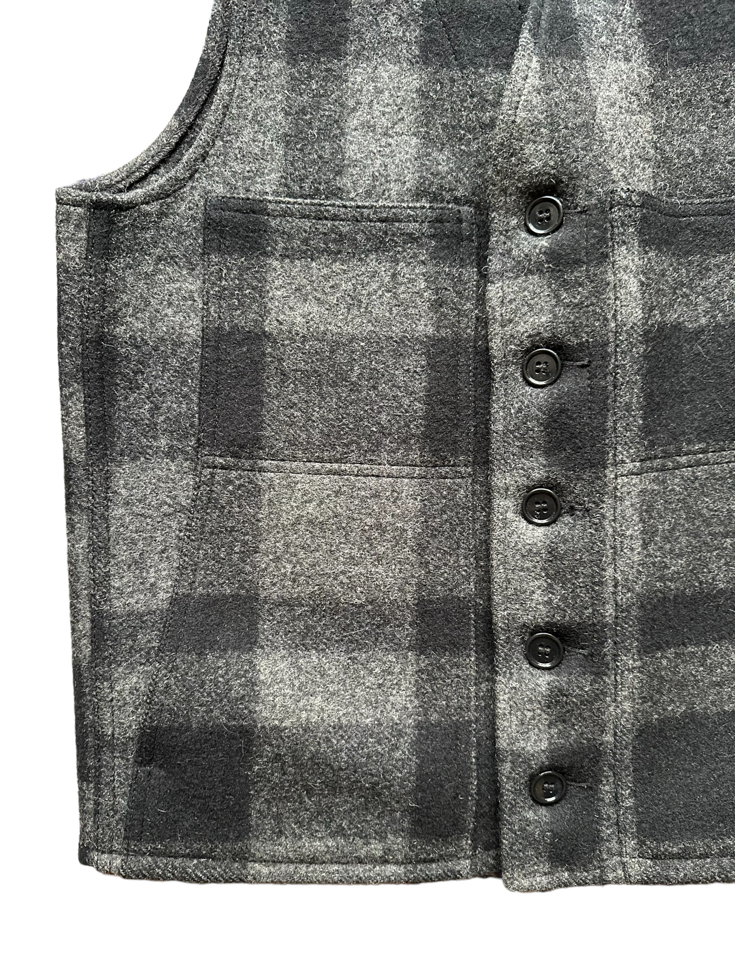 Lower Right Pocket View of Vintage Filson Mackinaw Vest SZ 36 |  Charcoal & Black Mackinaw Wool | Filson Seattle Workwear