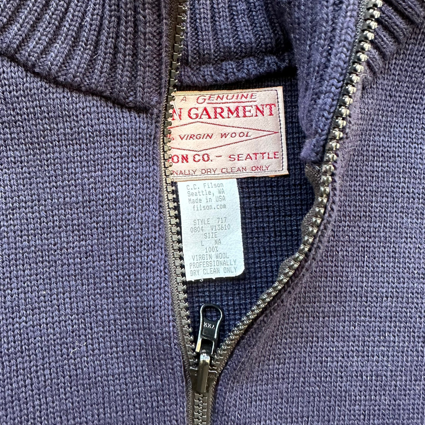 Tag View of Filson Style 717 Navy Blue Zip Up Cardigan SZ L |  Barn Owl Vintage Goods | Vintage Workwear Seattle