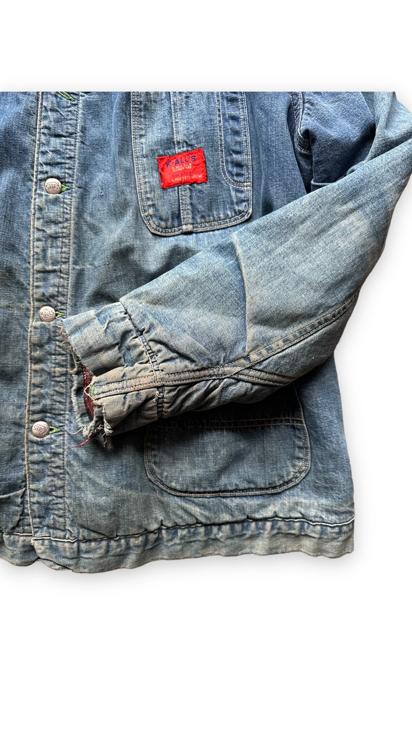 Left Cuff & Sleeve View on Vintage K-Alls Brand Blanket Lined Denim Chore Jacket SZ XL | Seattle Vintage Workwear | Barn Owl Vintage