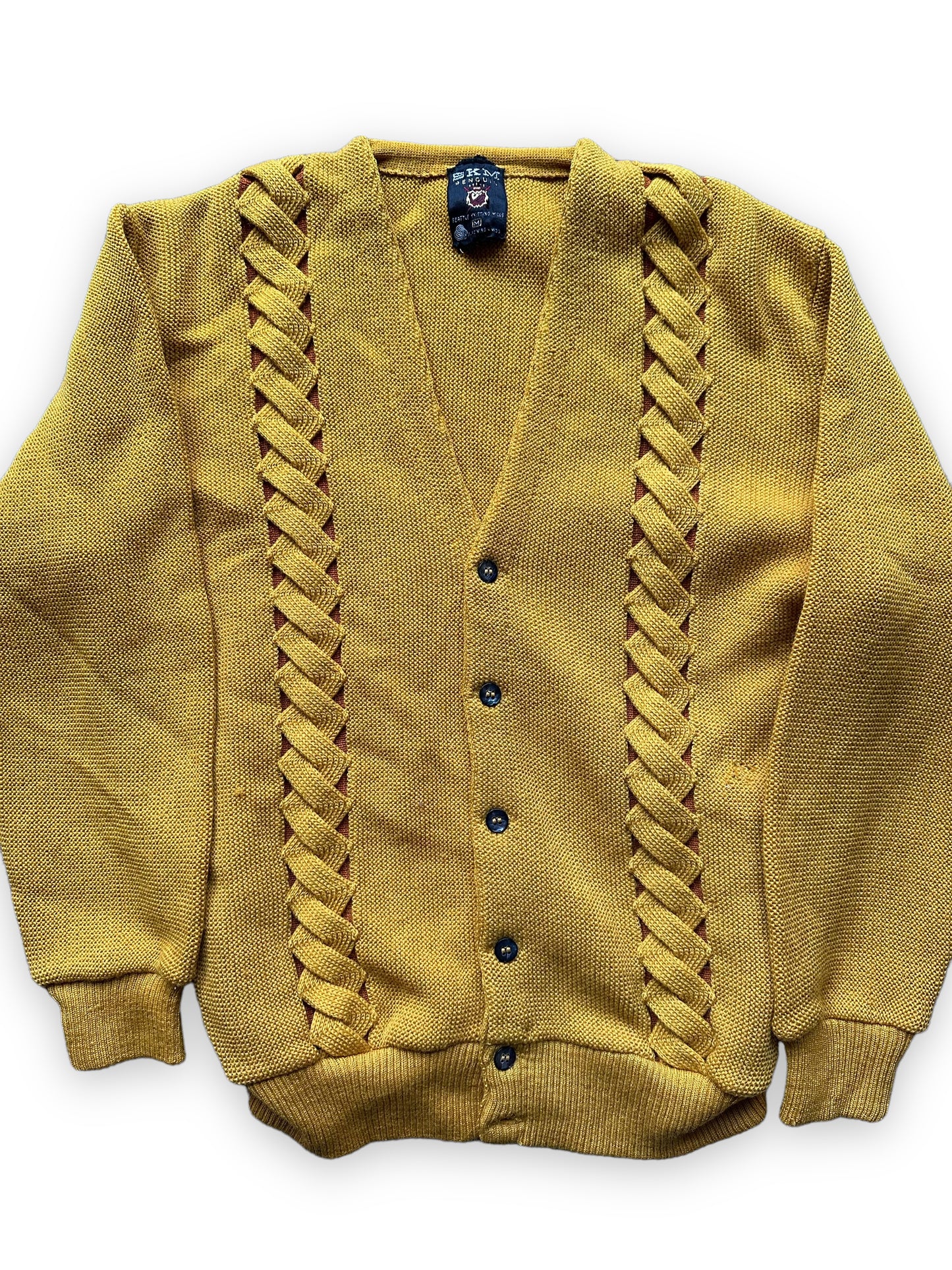 Front Flat Detail on Vintage Seattle Knitting Mills Golden Double Helix Wool Sweater SZ M |  Vintage Cardigan Sweaters Seattle | Barn Owl Vintage Seattle