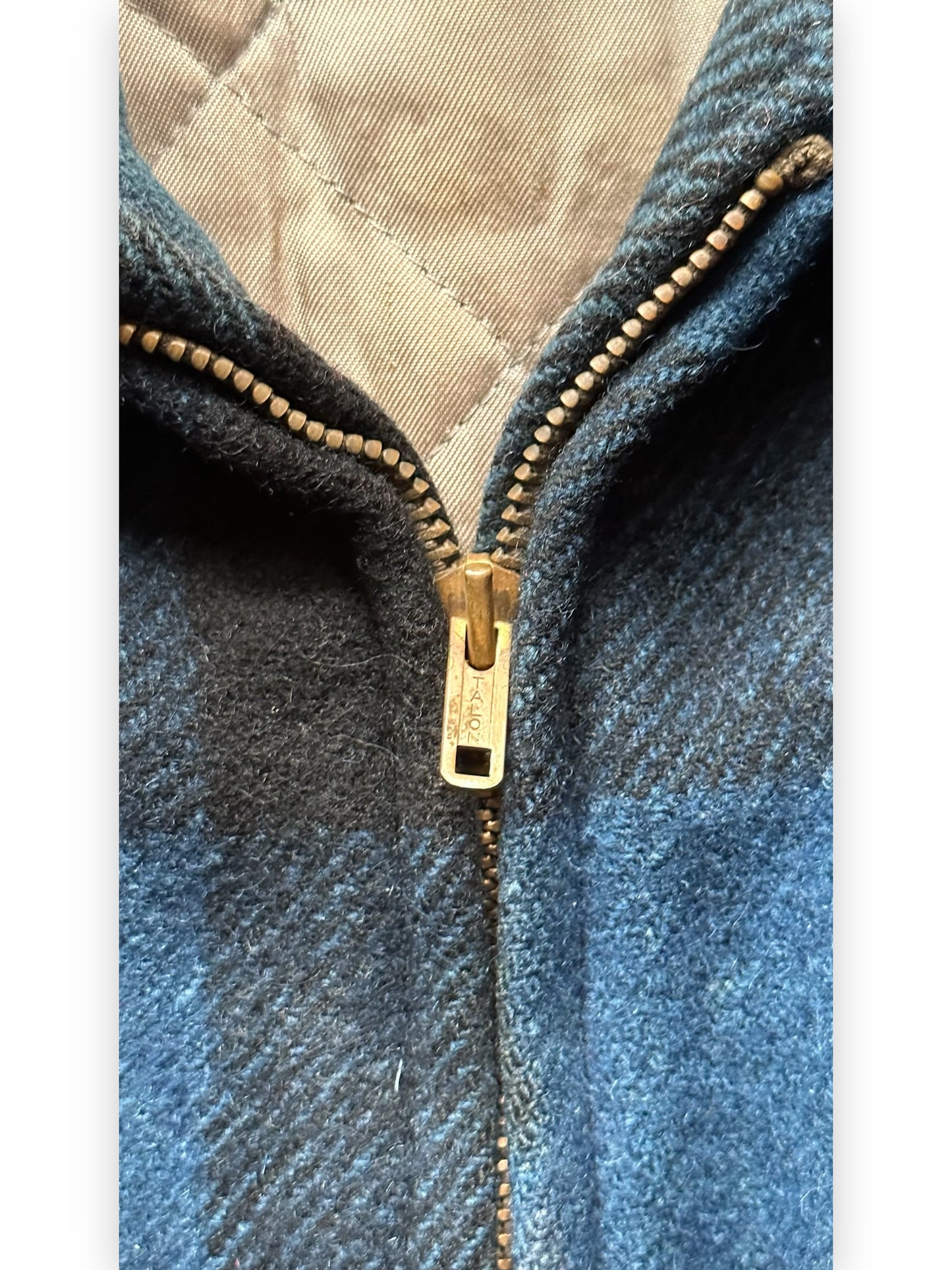 Talon Zipper View on Vintage Black Bear Cobalt Blue and Black Wool Coat SZ L  |  Vintage Workwear Seattle | Barn Owl Vintage Seattle