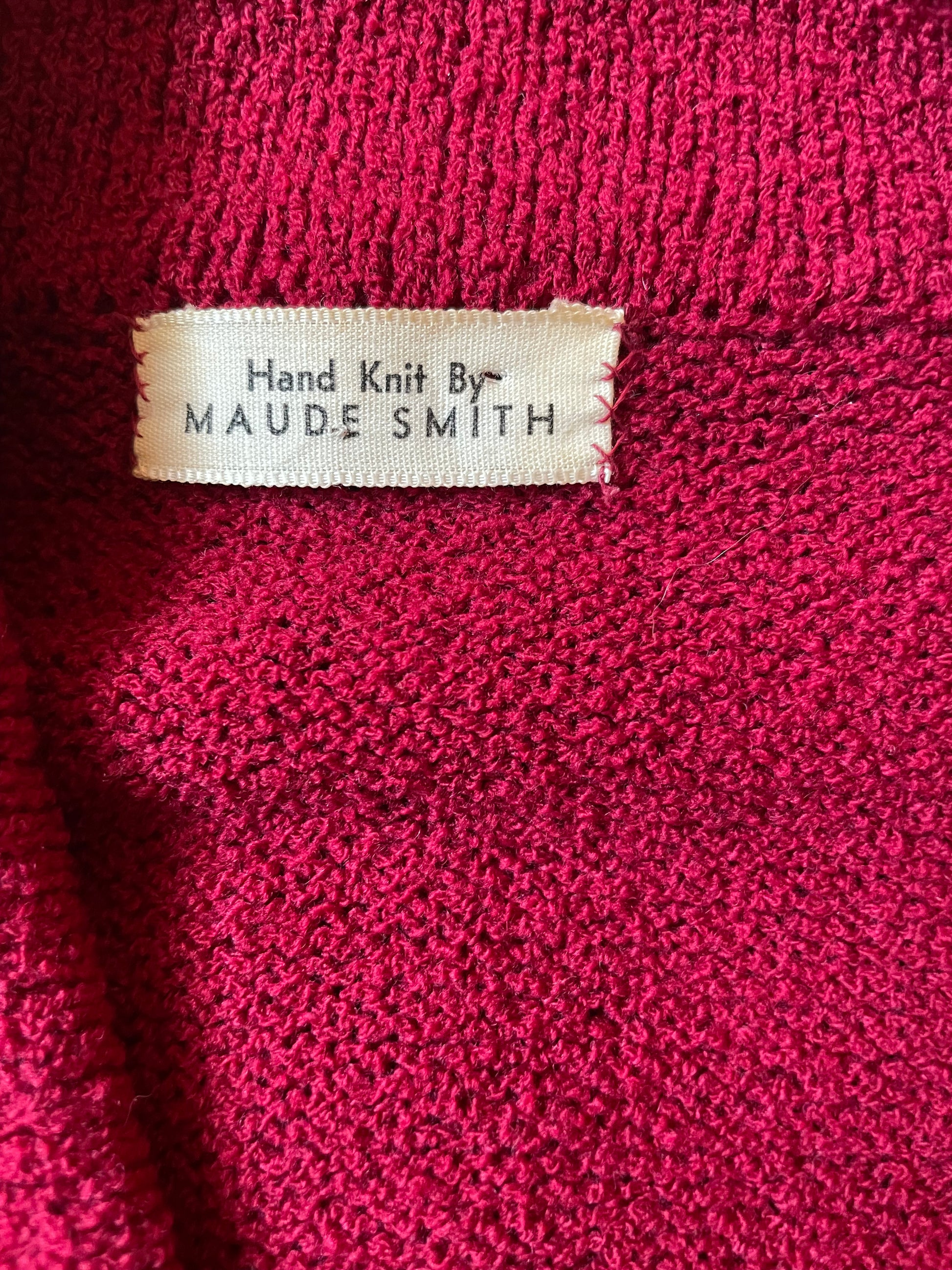Vintage 1940s Hand-Knit Red Dress SZ S |  Barn Owl Vintage | Seattle Vintage Dresses Maker tag.